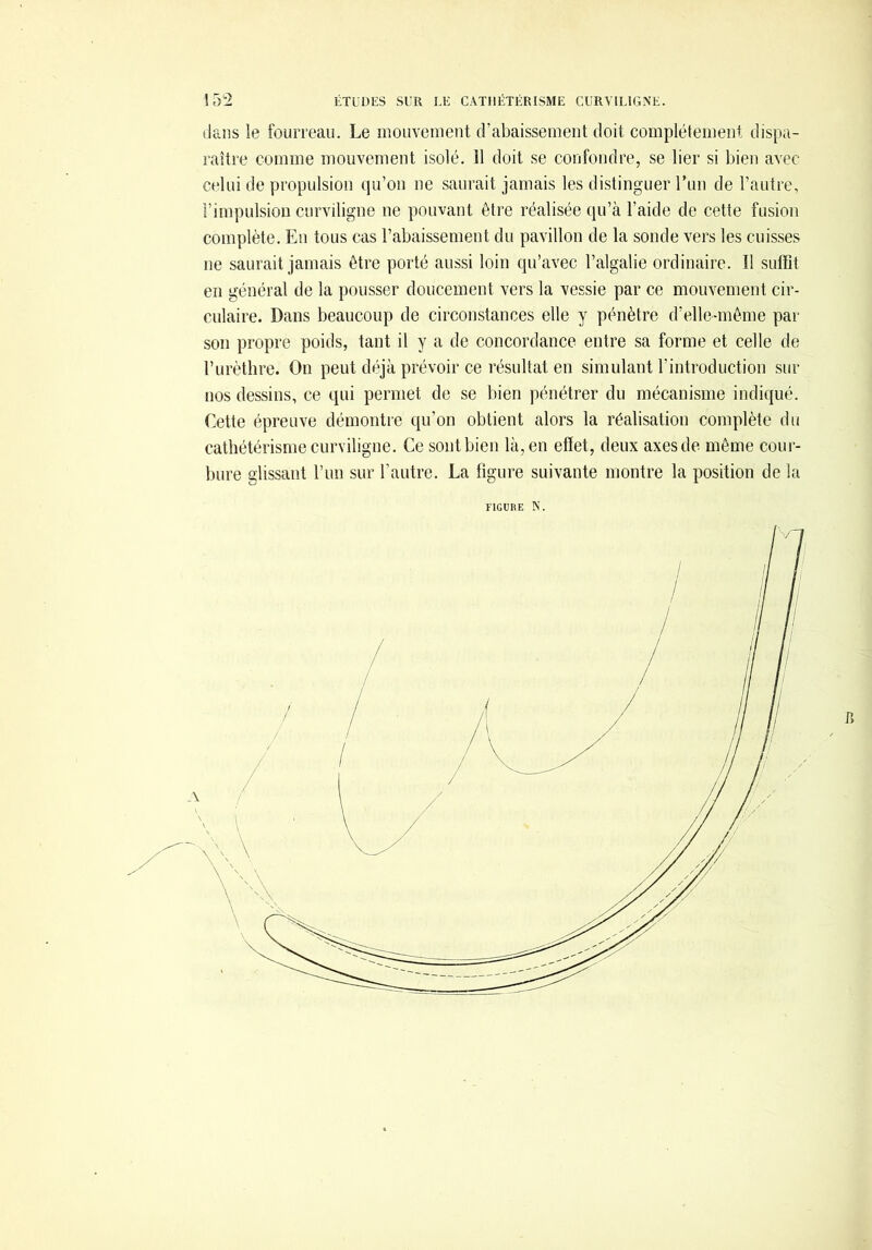 dans le fourreau. Le mouvement d’abaissement doit complètement dispa- raître comme mouvement isolé. 11 doit se confondre, se lier si bien avec celui de propulsion qu’on ne saurait jamais les distinguer run de l’autre, l’impulsion curviligne ne pouvant être réalisée qu’à l’aide de cette fusion complète. En tous cas l’abaissement du pavillon de la sonde vers les cuisses ne saurait jamais être porté aussi loin qu’avec l’algalie ordinaire. Il suffît en général de la pousser doucement vers la vessie par ce mouvement cir- culaire. Dans beaucoup de circonstances elle y pénètre d’elle-même par son propre poids, tant il y a de concordance entre sa forme et celle de l’urèthre. On peut déjà prévoir ce résultat en simulant l’introduction sur nos dessins, ce qui permet de se bien pénétrer du mécanisme indiqué. Cette épreuve démontre qu’on obtient alors la réalisation complète du cathétérisme curviligne. Ce sont bien là, en effet, deux axes de même cour- bure glissant l’im sur l’autre. La figure suivante montre la position de la FIGURE N.