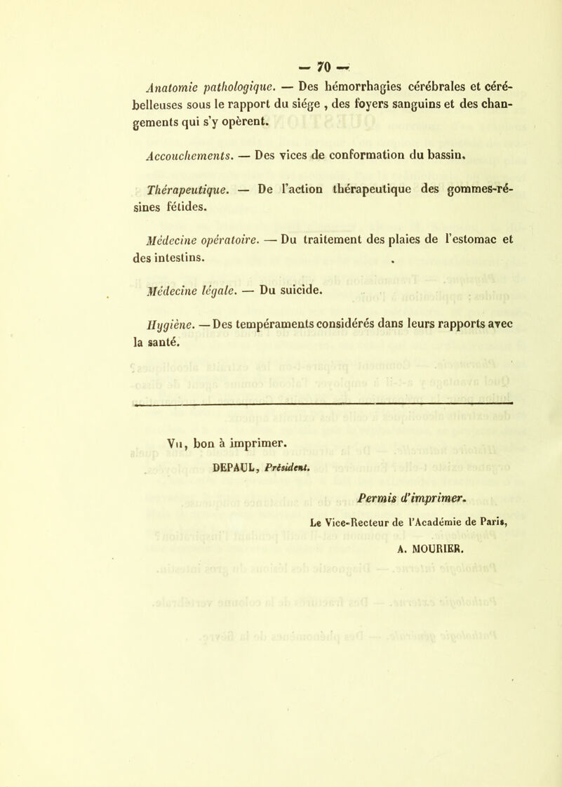 Anatomie pathologique. — Des hémorrhagies cérébrales et céré- belleuses sous le rapport du siège , des foyers sanguins et des chan- gements qui s’y opèrent. Accouchements. — Des vices de conformation du bassin. Thérapeutique. — De l’action thérapeutique des gommes-ré- sines fétides. Médecine opératoire. — Du traitement des plaies de l’estomac et des intestins. Médecine légale. — Du suicide. Hygiène. — Des tempéraments considérés dans leurs rapports avec la santé. Vu, bon à imprimer. DEPAUL, Président. Permis d’imprimer. Le Vice-Recteur de l’Académie de Pari*, A. MOURIER.