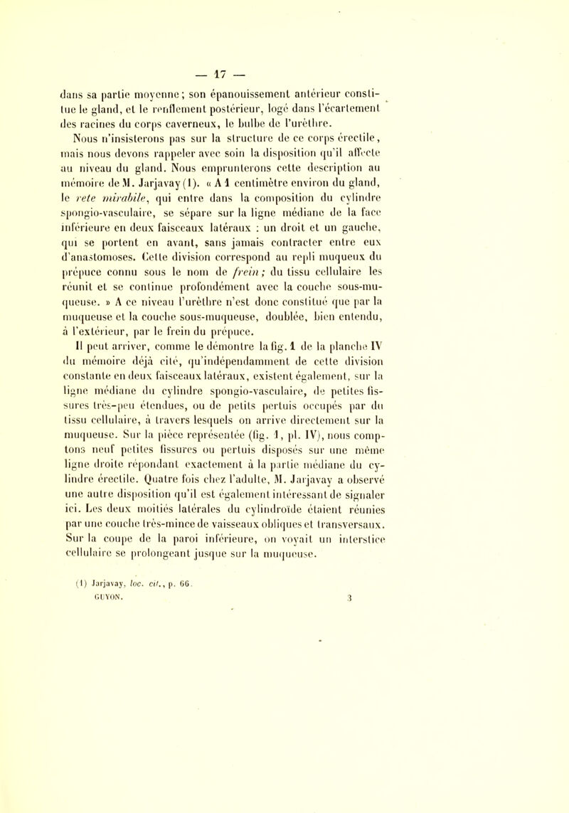 dans sa partie moyenne; son épanouissement antérieur consti- tue le gland, et le renflement postérieur, logé dans l’écartement des racines du corps caverneux, le bulbe de l’urèthre. Nous n’insisterons pas sur la structure de ce corps érectile, mais nous devons rappeler avec soin la disposition qu’il affecte au niveau du gland. Nous emprunterons cette description au mémoire deM. Jarjavay(l). « A 1 centimètre environ du gland, le rete mirabile, qui entre dans la composition du cylindre spongio-vasculaire, se sépare sur la ligne médiane de la face inférieure en deux faisceaux latéraux : un droit et un gauche, qui se portent en avant, sans jamais contracter entre eux d’anastomoses. Celle division correspond au repli muqueux du prépuce connu sous le nom de frein ; du tissu cellulaire les réunit et se continue profondément avec la couche sous-mu- queuse. » A ce niveau l’urèthre n’est donc constitué que par la muqueuse et la couche sous-muqueuse, doublée, bien entendu, à l’extérieur, par le frein du prépuce. II peut arriver, comme le démontre lafîg. 1 de la planche IV du mémoire déjà cité, qu’indépendamment de cette division constante en deux faisceaux latéraux, existent également, sur la ligne médiane du cylindre spongio-vasculaire, de petites fis- sures très-peu étendues, ou de petits pertuis occupés par du tissu cellulaire, à travers lesquels on arrive directement sur la muqueuse. Sur la pièce représentée (fig. I, pl. IV), nous comp- tons neuf petites fissures ou pertuis disposés sur une même ligne droite répondant exactement à la partie médiane du cy- lindre érectile. Quatre fois chez l’adulte, 31. Jarjavay a observé une autre disposition qu’il est également intéressant de signaler ici. Les deux moitiés latérales du eylindroïde étaient réunies par une couche très-mince de vaisseaux obliques et transversaux. Sur la coupe de la paroi inférieure, on voyait un interstice cellulaire se prolongeant jusque sur la muqueuse. (J) Jarjavay, loc. cil., p. 66 GCYON. 3