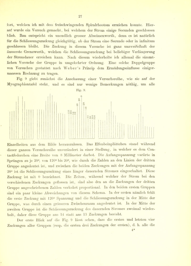 forfc, welchen ich mit dem freischwingenden Spiralrheotom erreichen konnte. Hier- auf wurde ein Versuch gemacht, bei welchem der Strom einige Secunden geschlossen blieb. Ihm entspricht ein unendlich grosser Abscissenwerth, denn es ist natürlich für die Schliessungszuckung gleichgültig, ob der Strom eine Secunde oder in infinitum geschlossen bleibt. Die Zuckung in diesem Versuche ist ganz unzweifelhaft der äusserste Grenzwerth, welchen die Schliessungszuckung bei beliebiger Verlängerung der Stromdauer erreichen kann. Nach diesem wiederholte ich allemal die sämmt- Hchen Versuche der Gruppe in umgekehrter Ordnung. Eine solche Doppelgruppe von Versuchen gestattet nach Web er’s Princip dem Ermüdungseinflusse einiger- maassen Rechnung zu tragen. Fig. 9 giebt zunächst die Anschauung einer Versuchsreihe, wie sie auf der Myographiontafel steht, und es sind nur wenige Bemerkungen nöthig, um alle Fig. 9. Einzelheiten aus dem Bilde herauszulesen. Das Elfenbeinplättchen stand während dieser ganzen Versuchsreihe unverändert in einer Stellung, in welcher es dem Con- tactfederchen eine Breite von 8 Millimeter darbot. Die Anfangsspannung variirte in Sprüngen zu je 20», von 120o bis 20«, wie durch die Zahlen an den Linien der dritten Gruppe angedeutet ist, und zwischen die beiden Zuckungen mit der Anfangsspannung 2Q0 ist die Schliessungszuckung eines länger dauernden Stromes eingeschaltet. Diese Zuckung ist mit 0 bezeichnet. Die Zeiten, während welcher der Strom bei den verschiedenen Zuckungen geflossen ist, sind also d'en an die Zuckungen der dritten Gruppe angeschriebenen Zahlen verkehrt proportional. In den beiden ersten Gruppen sind ein paar kleine Abweichungen von diesem Schema. In der ersten nämlich fehlt die erste Zuckung mit 120« Spannung und die Schliessungszuckung in der Mitte der Gruj)pe, was durch einen grösseren Zwischennrum angedeutet ist. In der Mitte der zweiten Gruppe ist die Schliessungszuckung des dauernden Stromes zweimal wieder- holt, daher diese Gruppe aus 14 statt aus 13 Zuckungen besteht. Der erste Blick auf die Fig. 9 lässt sehen, dass die ersten und letzten vier Zuckungen aller Gruppen (resp. die ersten drei Zuckungen der ersten), d. h. alle die 4*