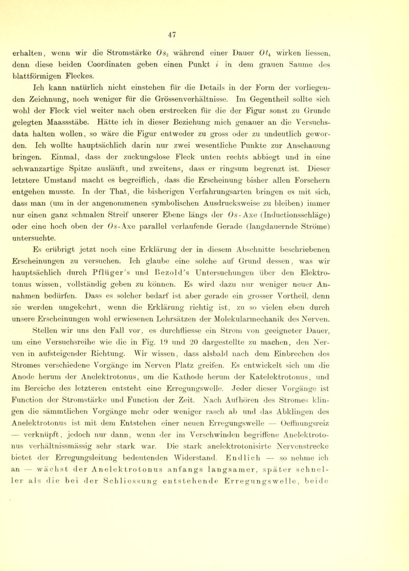 erhalten, wenn wir die Stromstärke OSi während einer Dauer Ot^ wirken Hessen, denn diese beiden Coordinaten geben einen Punkt i in dem grauen Saume des blattförmigen Fleckes. Ich kann natürlich nicht einstehen für die Details in der Form der vorliegen- den Zeichnung, noch weniger für die Grössenverhältnisse. Im Gegentheil sollte sich wohl der Fleck viel weiter nach oben erstrecken für die der Figur sonst zu Grunde gelegten Maassstäbe. Hätte ich in dieser Beziehung mich genauer an die Versuchs- data halten wollen, so wäre die Figur entweder zu gross oder zu undeutlich gewor- den. Ich wollte hauptsächlich darin nur zwei wesentliche Punkte zur Anschauung bringen. Einmal, dass der zuckungslose Fleck unten rechts abbiegt und in eine schwanzartige Spitze ausläuft, und zweitens, dass er ringsum begrenzt ist. Dieser letztere Umstand macht es begreiflich, dass die Erscheinung bisher allen Forschern entgehen musste. In der That, die bisherigen Verfahrungsarten bringen es init sich, dass man (um in der angenommenen symbolischen Ausdrucksweise zu bleiben) immer nur einen ganz schmalen Streif unserer Ebene längs der 0.9-Axe (Inductionsschläge) oder eine hoch oben der Os-Axe parallel verlaufende Gerade flangdauernde Ströme) untersuchte. Es erübrigt jetzt noch eine Erklärung der in diesem Abschnitte beschriebenen Erscheinungen zu versuchen. Ich glaube eine solche auf Grund dessen, was wir hauptsächlich durch Pflüger’s und Bezold’s Untersuchungen über den Elektro- tonus wissen, vollständig geben zu können. Es wird dazu nur weniger neuer An- nahmen bedürfen. Dass es solcher bedarf ist aber gerade ein grosser Vortheil, denn sie werden umgekehrt, wenn die Erklärung richtig ist, zu so vielen eben durch unsere Erscheinungen wohl ei’wiesenen Lehrsätzen der Molekularmechanik des Nerven. Stellen wir uns den Fall vor, es durchfliesse ein Strom von geeigneter Dauer, um eine Versuchsreihe wie die in Fig. 1!) und 20 dargestellte zu machen, den Ner- ven in aufsteigender Richtung. Wir wissen, dass alsbald nach dem Einbrechen des Stromes verschiedene Vorgänge im Nerven Platz greifen. Es entwickelt sich um die Anode herum iler Anelektrotonus, um die Kathode lieruni der Katelektrotonus, und im Bereiche des letzteren entsteht eine Erreguugswelle. Jeder dieser Vorgänge ist Function der Stromstärke und Function der Zeit. Nach Aufliören des Stromes klin- gen die sämmtlichen Vorgänge mehr oder weniger rasch ab und das Abklingen des Anelektrotonus ist mit dem Entstehen einer neuen Erregungswelle — Ueflhuugsreiz — verknüpft, jedoch nur dann, Avenn der im Verschwinden begriffene Anelektroto- nus verhältnissmässig sehr stark war. Die stark anelektrotonisirte Nervenstrecke bietet der Erregungsleitung bedeutenden Widerstand. Endlich — so nelinie ich an — wächst der Anelektrotonus anfangs langsamer, später sclinel- 1er als die bei der Schliessung entstehende Erregvin gs wel le, beide