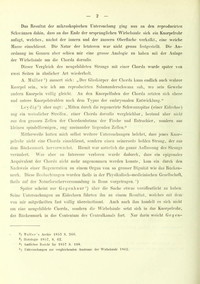 Das Resultat der mikroskopischen Untersuchung- ging nun an den reproducirten Schwänzen dahin, dass an das Ende der ursprünglichen Wirbelsäule sich ein Knorpelrohr anfügt, welches, nächst der innern und der äussern Oberfläche verkalkt, eine weiche Masse einschliesst. Die Natur der letzteren war nicht genau festgestellt. Die An- ordnung im Ganzen aber schien mir eine grosse Analogie zu haben mit der Anlage der Wirbelsäule um die Chorda dorsalis. Dieser Vergleich des neugebildeten Strangs mit einer Chorda wurde später von zwei Seiten in ähnlicher Art wiederholt. A. Müller 2) äussert sich: „Der Glaskörper der Chorda kann endlich auch wahrer Knorpel sein, wie ich am reproducirten Salamanderschwanz sah, wo sein Gewebe andern Knorpeln völlig gleicht. An den Knorpelfaden der Chorda setzten sich obere und untere Knorpelstrahlen nach dem Typus der embryonalen Entwicklung.“ Leydig3) aber sagt: „Mitten durch die regenerirte Schwanzspitze (einer Eidechse) zog ein weisslicher Streifen, einer Chorda dorsalis vergleichbar, bestand aber nicht aus den grossen Zellen der Chordasubstanz der Fische und Batrachier, sondern aus kleinen spindelförmigen, eng aneinander liegenden Zellen.“ Mittlerweile hatten mich seihst weitere Untersuchungen belehrt, dass jenes Knor- pelrohr nicht eine Chorda einschliesst, sondern einen seinerseits hohlen Strang, der aus dem Rückenmark hervorwächst. Hiemit war natürlich die ganze Auflassung des Strangs verändert. Was aber an Interesse verloren wurde dadurch, dass ein epigonales Aequivalent der Chorda nicht mehr angenommen werden konnte, kam ein durch den Nachweis einer Regeneration an einem Organ von so grosser Dignität wie das Rücken- mark. Diese Beobachtungen wurden tlieils in der Physikalisch-medicinischen Gesellschaft, theils auf der Naturforscherversammlung in Bonn vorgetragen.4) Später scheint nur Gegenbaur5) über die Sache etwas veröffentlicht zu haben. Seine Untersuchungen an Eidechsen führten ihn zu einem Resultat, welches mit dem von mir mitgetheilten fast völlig übereinstimmt. Auch nach ihm handelt es sich nicht um eine neugebildete Chorda, sondern die Wirbelsäule setzt sich in das Knorpelrohr, das Rückenmark in das Contentum des Centralkanals fort. Nur darin weicht Gegen- 2) Müll er’s Archiv 1853 S. 260. 3) Histologie 1857. S. 62. 4) Amtlicher Bericht für 1857 S. 198. '•>) Untersuchungen zur vergleichenden Anatomie der Wirbelsäule 1862.