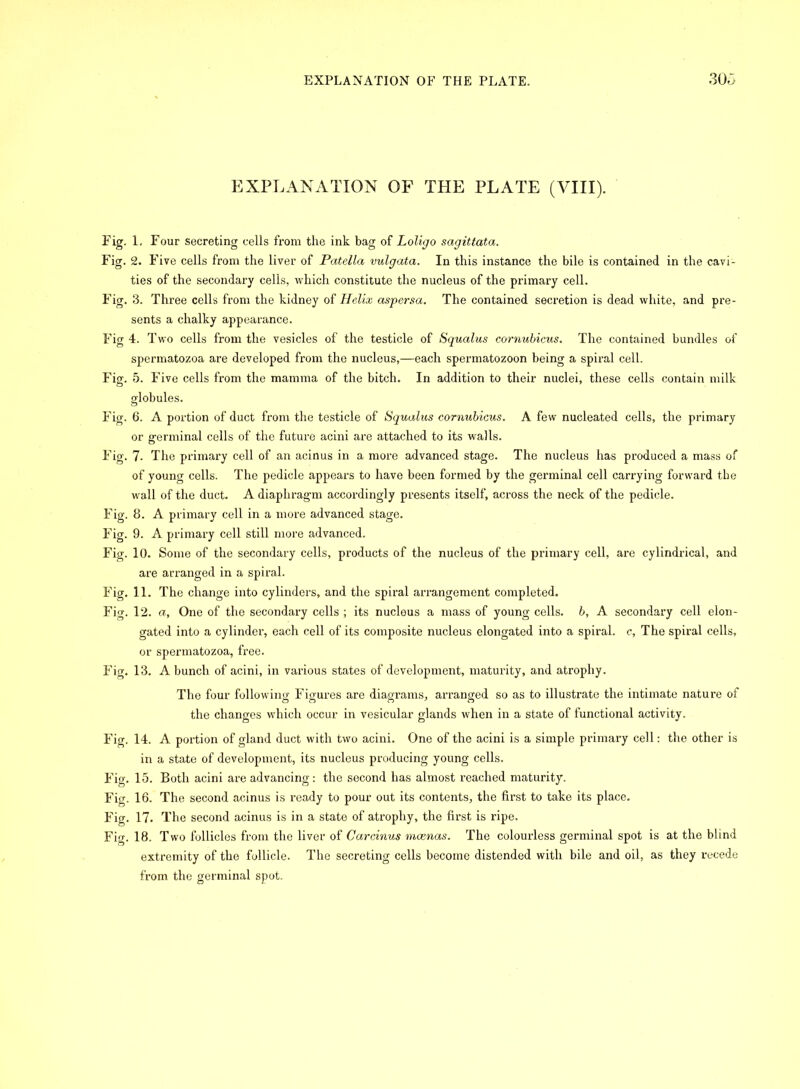 EXPLANATION OF THE PLATE. 30J EXPLANATION OF THE PLATE (VIII). Fig. 1. Four secreting cells from the ink bag of Loligo sagittata. Fig. 2. Five cells from the liver of Patella vulgata. In this instance the bile is contained in the cavi- ties of the secondary cells, which constitute the nucleus of the primary cell. Fig. 3. Three cells from the kidney of Helix aspersa. The contained secretion is dead white, and pre- sents a chalky appearance. Fig 4. Two cells from the vesicles of the testicle of Squalus cornubicus. The contained bundles of spermatozoa are developed from the nucleus,—each spermatozoon being a spiral cell. Fig. 5. Five cells from the mamma of the bitch. In addition to their nuclei, these cells contain milk globules. Fig. 6. A portion of duct from the testicle of Squalus cornubicus. A few nucleated cells, the primary or germinal cells of the future acini are attached to its walls. Fig. 7- The primary cell of an acinus in a more advanced stage. The nucleus has produced a mass of of young cells. The pedicle appears to have been formed by the germinal cell carrying forward the wall of the duct. A diaphragmi accordingly presents itself, across the neck of the pedicle. Fig. 8. A primary cell in a more advanced stage. Fig. 9. A primary cell still more advanced. Fig. 10. Some of the secondary cells, products of the nucleus of the primary cell, are cylindrical, and are arranged in a spiral. Fig. 11. The change into cylinders, and the spiral arrangement completed. Fig. 12. a. One of the secondary cells ; its nucleus a mass of young cells, b, A secondary cell elon- gated into a cylinder, each cell of its composite nucleus elongated into a spiral, c, The spiral cells, or spermatozoa, free. Fig. 13. A bunch of acini, in various states of development, maturity, and atrophy. The four following Figures are diagrams, arranged so as to illustrate the intimate nature of the changes which occur in vesicular glands when in a state of functional activity. Fig. 14. A portion of gland duct with two acini. One of the acini is a simple primary cell: the other is in a state of development, its nucleus producing young cells. Fig. 15. Both acini are advancing: the second has almost reached maturity. Fig. 16. The second acinus is ready to pour out its contents, the first to take its place. Fig. 17. The second acinus is in a state of atrophy, the first is ripe. Fig. 18. Two follicles from the liver of Carcinus mcenas. The colourless germinal spot is at the blind extremity of the follicle. The secreting cells become distended with bile and oil, as they recede from the germinal spot.