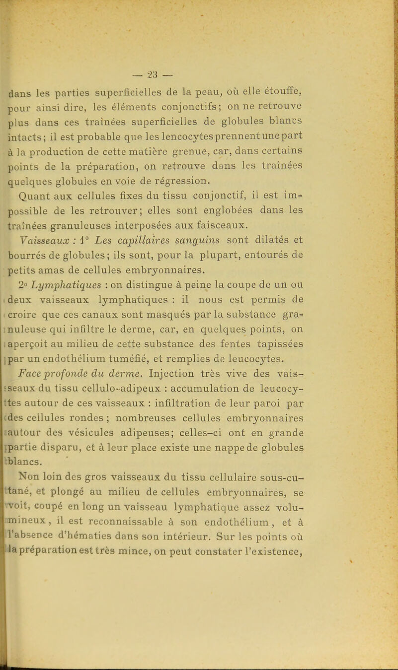 dans les parties superficielles de la peau, où elle étouffe, pour ainsi dire, les éléments conjonctifs; on ne retrouve plus dans ces traînées superficielles de globules blancs intacts; il est probable que les leucocytes prennent une part à la production de cette matière grenue, car, dans certains points de la préparation, on retrouve dans les traînées quelques globules envoie de régression. Quant aux cellules fixes du tissu conjonctif, il est im- possible de les retrouver; elles sont englobées dans les traînées granuleuses interposées aux faisceaux. Vaisseaux : d° Les capillaires sanguins sont dilatés et bourrés de globules; ils sont, pour la plupart, entourés de petits amas de cellules embryonnaires. 2o Lymphatiques : on distingue à peine la coupe de un ou 1 deux vaisseaux lymphatiques : il nous est permis de I croire que ces canaux sont masqués par la substance gra- înuleuse qui infiltre le derme, car, en quelques points, on I aperçoit au milieu de cette substance des fentes tapissées ipar un endothélium tuméfié, et remplies de leucocytes. Face profonde du derme. Injection très vive des vais- ïseauxdu tissu cellulo-adipeux : accumulation de leucocy- :tes autour de ces vaisseaux : infiltration de leur paroi par cdes cellules rondes ; nombreuses cellules embryonnaires vautour des vésicules adipeuses; celles-ci ont en grande fpartie disparu, et à leur place existe une nappe de globules tblancs. Non loin des gros vaisseaux du tissu, cellulaire sous-cu- ttané, et plongé au milieu de cellules embryonnaires, se voit, coupé en long un vaisseau lymphatique assez volu- mineux, il est reconnaissable à son endothélium, et à l'absence d'hématies dans son intérieur. Sur les points où dapréparation est très mince, on peut constater l'existence,