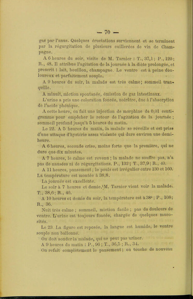 gaz par l’anus. Quelques éructations surviennent et se terminent par la régurgitation de plusieurs cuillerées de vin de Cham- pagne, A 6 heures du soir, visite de M, Tarnier : T., 37,1; P., 120; R., 48, 11 attribue l’agitation de la journée à la diète prolongée, et prescrit : lait, bouillon, champagne. Le ventre est à peine dou- loureux et parfaitement souple, A 9 heures du soir, la malade est très calme ; sommeil tran- quille , A minuit, miction spontanée, émission de gaz intestinaux. L’urine a pris une coloration foncée, noirâtre, due à l’absorption de l’acide phéniqué. A cette heure, on fait une injection de morphine de 0,01 centi- gramme pour empêcher le retour de l’agitation de la journée ; sommeil profond jusqu’à 5 heures du matin. Le 22, A 5 heures du matin, la malade se réveille et est prise d’une attaque d’hystérie assez violente qui dure environ une demi- heure. A 6 heures, seconde crise, moins forte que la première, qui ne dure que dix minutes, A 7 heures, le calme est revenu ; la malade ne souffre pas, n’a pas de nausées ni de régurgitations, P., 132 ; T., 37,9; R., 40. A 11 heures, pansement ; le pouls est irrégulier entre 130 et 160. La température est montée à 38,8. La journée est excellente. Le soir à 7 heures et demie,'M. Tarnier vient voir la malade. T., 38,6; R., 40. A 10 heures et demie du soir, la température est à 38® ; P., 108; R., 36, Nuit très calme ; sommeil, miction facile ; pas de douleurs de ventre. L’urine est toujours foncée, chargée de quelques muco- sités. Le 23. La figure est reposée, la langue est humide, le ventre souple non ballonné. On doit sonder la malade, qui ne peut pas uriner. A 9 heures du matin : P., 96 ; T., 36,5 ; R., 34. On refait complètement le pansement ; on touche de nouveau