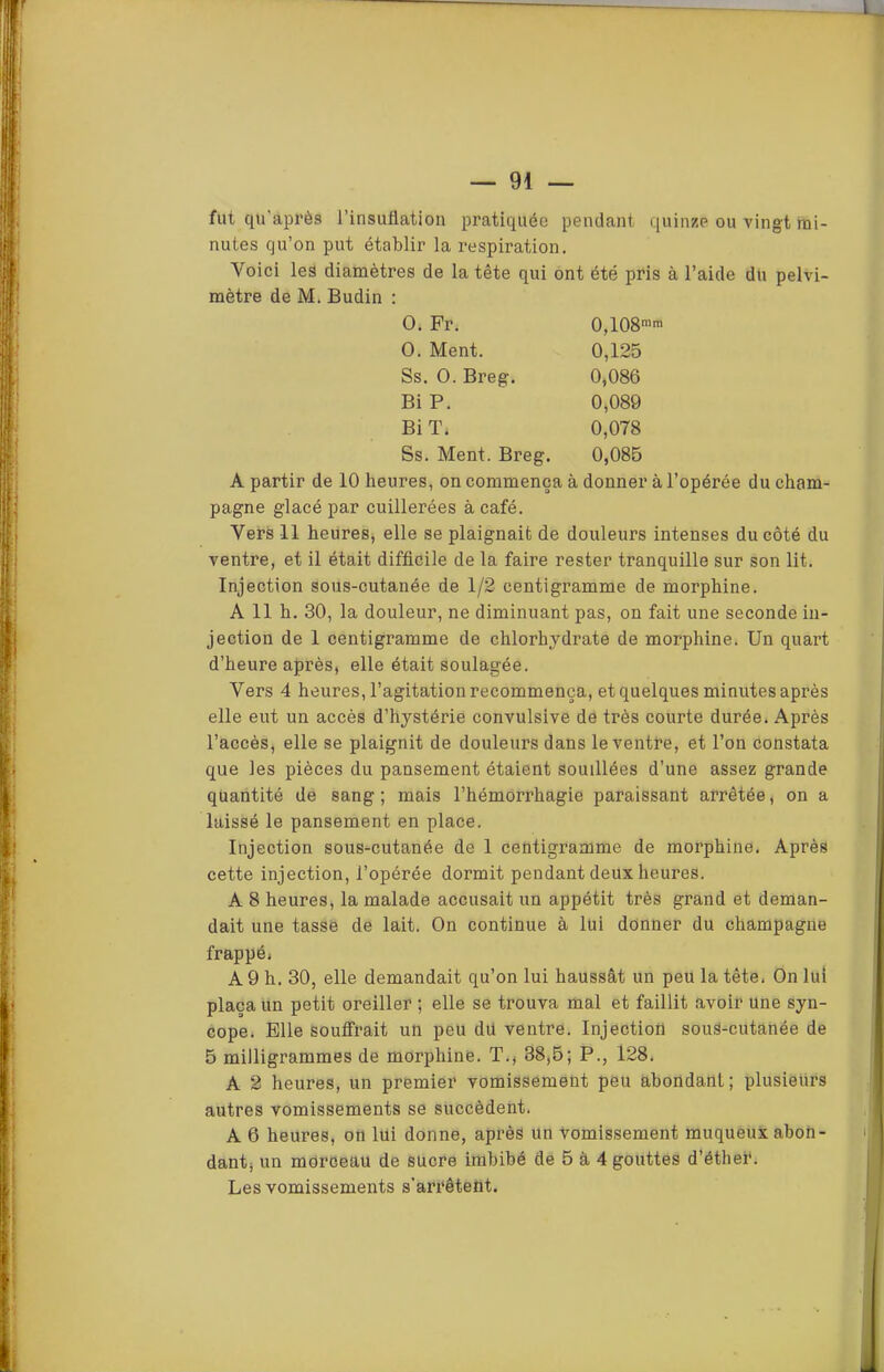 — 91 — fut qu’api’ès l’insufiatioii pratiquée pendant quinze ou vingt mi- nutes qu’on put établir la respiration. Voici les diamètres de la tête qui ont été pris à l’aide du pelvi- mètre de M. Budin : O. Fr. 0,108’' O. Ment. 0,125 Ss. O. Breg, 0,086 Bi P. 0,089 Bi T. 0,078 Ss. Ment. Breg. 0,085 A partir de 10 heures, on commença à donner à l’opérée du cham- pagne glacé par cuillerées à café. Vers 11 heures, elle se plaignait de douleurs intenses du côté du ventre, et il était difficile de la faire rester tranquille sur son lit. Injection sous-cutanée de 1/2 centigramme de morphine. A 11 h. 30, la douleur, ne diminuant pas, on fait une seconde in- jection de 1 centigramme de chlorhydrate de morphine. Un quart d’heure après, elle était soulagée. Vers 4 heures, l’agitation recommença, et quelques minutes après elle eut un accès d’hystérie convulsive dé très courte durée. Après l’accès, elle se plaignit de douleurs dans le ventre, et l’on constata que les pièces du pansement étaient souillées d’une assez grande quantité de sang ; mais l’hémorrhagie paraissant arrêtée, on a laissé le pansement en place. Injection sous-cutanée de 1 centigramme de morphine. Après cette injection, l’opérée dormit pendant deux heures. A 8 heures, la malade accusait un appétit très grand et deman- dait une tasse de lait. On continue à lui donner du champagne frappé, A 9 h. 30, elle demandait qu’on lui haussât un peu la tête. On lui plaça Un petit oreiller ; elle se trouva mal et faillit avoir une syn- cope. Elle souffrait un peu du ventre. Injection souS-cutanée de 5 milligrammes de morphine. T., 88,5; P., 128. A 2 heures, un premier vomissement peu abondant; plusieurs autres vomissements se succèdent. A 6 heures, on lui donne, après un vomissement muqueux abon- dant, un morceau de sucre imbibé de 5 à 4 gouttes d’éther. Les vomissements s’arrêtent.