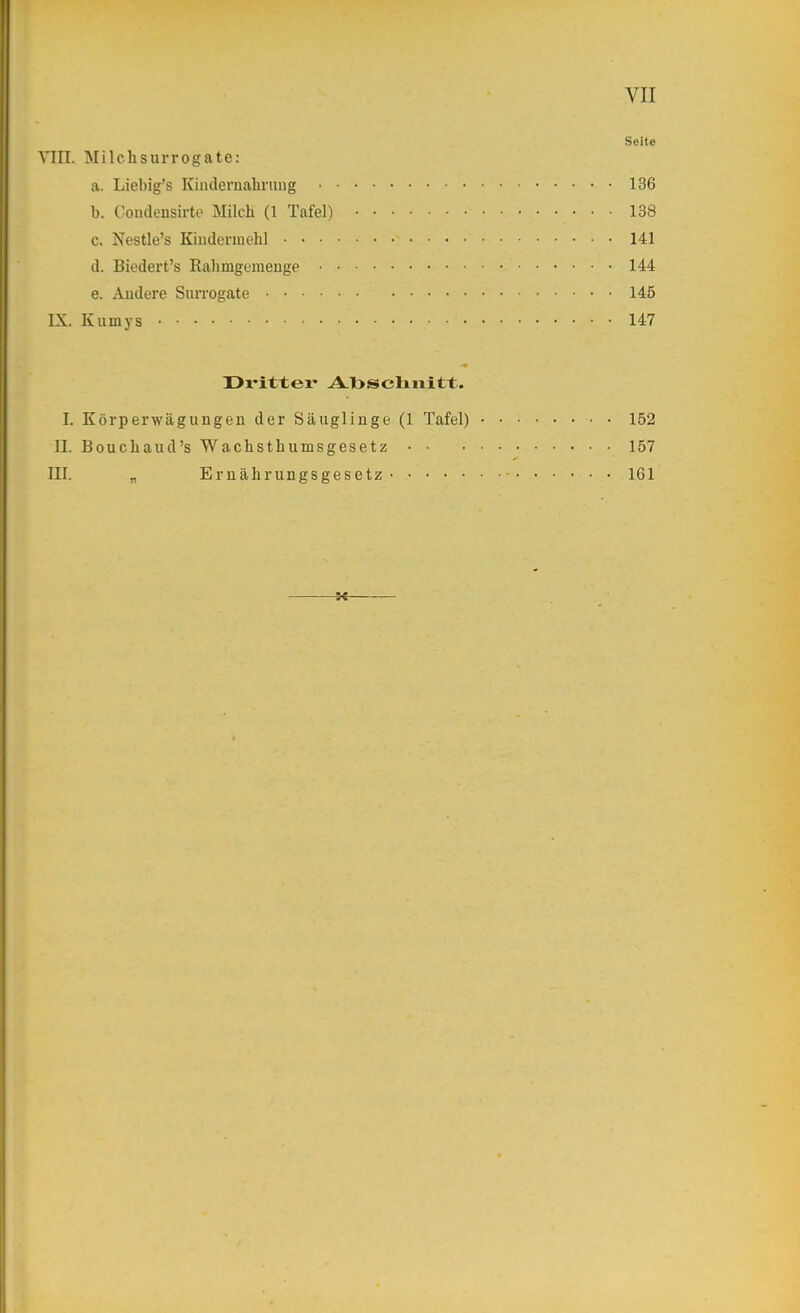 Seite VIII. Milelisurrogate: a. Liebig's Kindernahrung 136 b. Concleusirte Milch (1 Tafel) 138 c. Nestle’s Kindermehl 141 d. Biedert’s Rahmgemeuge 144 e. Andere Surrogate 145 IX. Kumys 147 üi'itter A-lbscliiiitt. I. Körperwägungen der Säuglinge (1 Tafel) 152 II. Bouchaud’s Wachsthumsgesetz 157 III. „ Ernährungsgesetz 161