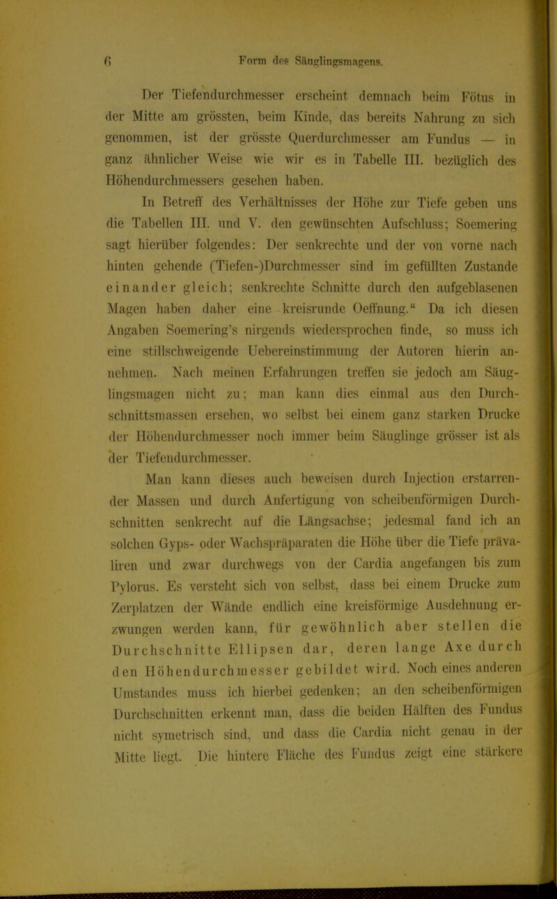 Der Tiefendiirchmesser erscheint, demnach beim Fötus in der Mitte am grössten, beim Kinde, das bereits Nahrung zu sich genommen, ist der grösste Querdurchmesser am Fundus — in ganz ähnlicher Weise wie wir es in Tabelle IIL bezüglich des Höhendurchmessers gesehen haben. In Betreff des Verhältnisses der Höhe zur Tiefe geben uns die Tabellen HI. und V. den gewünschten Aufschluss; Soemering sagt hierüber folgendes: Der senkrechte und der von vorne nach hinten gehende (Tiefen-)Durchmesser sind im gefüllten Zustande einander gleich; senkrechte Schnitte durch den aufgeblasenen Magen haben daher eine kreisrunde Oeffnung.“ Da ich diesen Angaben Soemering’s nirgends wiedersprochen finde, so muss ich eine stillschweigende Uebereinstimmung der Autoren hierin an- nehmen. Nach meinen Erfahrungen treffen sie jedoch am Säug- lingsmagen nicht zu; man kann dies einmal aus den Durch- schnittsmassen ersehen, wo selbst bei einem ganz starken Drucke der Höhendurchmesser noch immer beim Säuglinge grösser ist als der Tiefendurchmesser. Man kann dieses auch beweisen durch Injection erstarren- der Massen und durch Anfertigung von scheibenförmigen Durch- schnitten senkrecht auf die Längsachse; jedesmal fand ich an solchen Gyps- oder Wachspräparaten die Höhe über die Tiefe präva- liren und zwar durchwegs von der Cardia angefangen bis zum Pylorus. Es versteht sich von selbst, dass bei einem Drucke zum Zerplatzen der Wände endlich eine kreisförmige Ausdehnung er- zwungen werden kann, für gewöhnlich aber stellen die Durchschnitte Ellipsen dar, deren lange Axe durch den Hö heil du r ch 111 ess er gebildet wird. Noch eines anderen Umstandes muss ich hierbei gedenken; an den scheibenförmigen Durchschnitten erkennt man, dass die beiden Hälften des Fundus nicht symetrisch sind, und dass die Cardia nicht genau in der Mitte liegt. Die hintere Fläche des Fundus zeigt eine stärkere