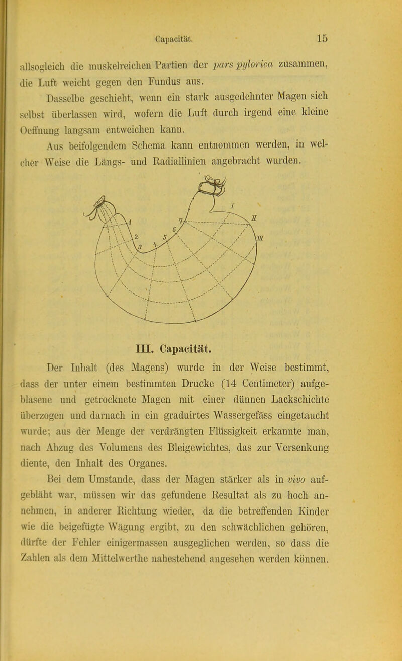 rtllsogleich die muskelreicheii Partien der pars xyylorica zusammen, die Luft weicht gegen den Fundus aus. Dasselbe geschieht, wenn ein stark ausgedehnter Magen sich selbst überlassen wird, wofern die Luft durch irgend eine kleine Oetfimng langsam entweichen kann. Aus beifolgendem Schema kann entnommen werden, in wel- cher ^Yeise die Längs- und Radiallinien angebracht wurden. III. Capacität. Der Inhalt (des Magens) wurde in der Weise bestimmt, dass der unter einem bestimmten Drucke (14 Centimeter) aufge- blasene und getrocknete Magen mit einer dünnen Lackschichte überzogen und darnach in ein graduirtes Wassergefäss eingetaucht wurde; aus der Menge der verdrängten Flüssigkeit erkannte man, nach Abzug des Volumens des Bleigewichtes, das zur Versenkung diente, den Inhalt des Organes. Bei dem Umstande, dass der Magen stärker als in vivo auf- gebläht war, müssen wir das gefundene Resultat als zu hoch an- nehmen, in anderer Richtung wieder, da die betrefiPenden Kinder wie die beigefügte Wägung ergibt, zu den schwächlichen gehören, dürfte der Fehler einigermassen ausgeglichen werden, so dass die Zahlen als dem Mittelwerthe nahestehend angesehen werden können.