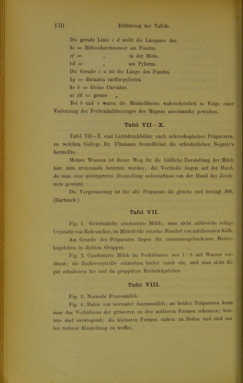 Die gerade Linie e d stellt die Läiigsaxe dar. hi = Höliendurchmesser am Fundus. ef = „ in der Mitte. hd = „ am Pylorus. Die Gerade c n ist die Länge des Fundus. hg = distantia cardio-pylorica. he b = kleine Curvatur. ac fd = grosse „ Bei b und e waren die Muskelfasern wahrscheinlich in Folge einer Verletzung des Peritonäalüberzuges des Magens auseinander gewichen. Tafel VII—X. Tafel VII—X sind Lichtdruckhilder nach mikroskopischen Präparaten, zu welchen College Dr. Ultzmaun freundlichst die erforderlichen Negativ’s herstellte. Meines Wissens ist dieser Weg für die bildliche Darstellung der Milch hier zum ersteiiniale betreten worden; die Vortheile liegen auf der Hand, da man eine naturgetreue Darstellung unbeeinflusst von der Hand des Zeich- ners gewinnt. Die Vergrösserung ist für alle Präparate die gleiche und beträgt 300. (Ilartuack.) Tafel VII. Fig. 1. Gewöhnliche condensirte Milch; man sieht zahlreiche eckige Crystalle von Rohrzucker, im Mittelfelde einzelne Büschel von milchsaurem Kalk. Am Grunde des Präparates liegen die zusammeugebackenen Butter- kügelchen in dichten Gruppen. Fig. 2. Condensirte Milch im Verhältnisse von 1 ; 8 mit Wasser ver- o dünnt; die Zuckercrystalle schmelzen hiebei rasch ein, und mau sieht die gut erhaltenen hie und da gruppirten Butterkügelchen. Tafel VIII. Fig. 3. Normale Frauenmilch. Fig. 4. Rahm von normaler Ammenmilch; an beiden Präparaten kann man das Vorhältniss der grösseren zu den mittleren hormen erkennen; letz- tere sind vorwiegend; die kleinsten Formen sinken zu Boden und sind nur bei tieferer Einstellung zu treffen.