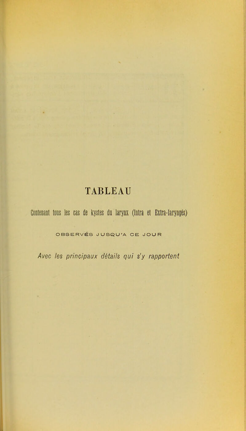 TABLEAU Contenant tous les cas de kystes ë larpx (Intra et Extra-laryngés) OBSERVÉS JUSQU'A CE JOUR les principaux détails qui s'y rapportent