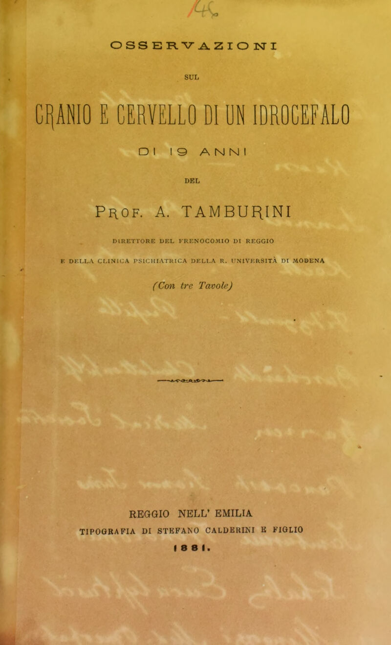 6 > OSSEB-V^ZIOlSri SUL E CERVELLO DI UN IDROCEFALO DI 19 ANNI DEL Phof. a. tamburini DIRETTORE DEL FRENOCOMIO DI REGGIO E DELLA CLINICA PSICHIATRICA DELLA R. UNIVERSITÀ DI MODENA (Con tre Tavole) REGGIO NELL’ EMILIA TIPOGRAFIA DI STEFANO CALDERINI K FIGLIO