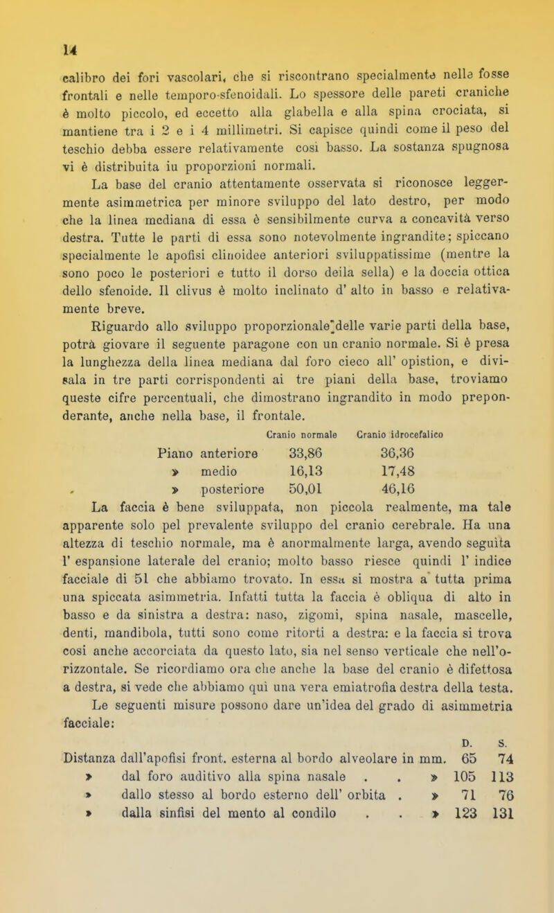 u calibro dei fori vascolari* che si riscontrano specialmente nelle fosse frontali e nelle teinporo-sfenoidali. Lo spessore delle pareti craniche è molto piccolo, ed eccetto alla glabella e alla spina crociata, si mantiene tra i 2 e i 4 millimetri. Si capisce quindi come il peso del teschio debba essere relativamente cosi basso. La sostanza spugnosa vi è distribuita iu proporzioni normali. La base del cranio attentamente osservata si riconosce legger- mente asimmetrica per minore sviluppo del lato destro, per modo che la linea mediana di essa è sensibilmente curva a concavità verso destra. Tutte le parti di essa sono notevolmente ingrandite ; spiccano specialmente le apofisi clinoidee anteriori sviluppatissime (mentre la sono poco le posteriori e tutto il dorso deila sella) e la doccia ottica dello sfenoide. 11 clivus è molto inclinato d’ alto in basso e relativa- mente breve. Riguardo allo sviluppo proporzionale’delle varie parti della base, potrà giovare il seguente paragone con un cranio normale. Si è presa la lunghezza della linea mediana dal foro cieco all’ opistion, e divi- sala in tre parti corrispondenti ai tre piani della base, troviamo queste cifre percentuali, che dimostrano ingrandito in modo prepon- derante, anche nella base, il frontale. Cranio normale Cranio idrocefalico Piano anteriore 33,86 36,36 » medio 16,13 17,48 . » posteriore 50,01 46,16 La faccia è bene sviluppata, non piccola realmente, ma tale apparente solo pel prevalente sviluppo del cranio cerebrale. Ha una altezza di teschio normale, ma è anormalmente larga, avendo seguita r espansione laterale del cranio; molto basso riesce quindi 1’ indice facciale di 51 che abbiamo trovato. In essa si mostra a' tutta prima una spiccata asimmetria. Infatti tutta la faccia è obliqua di alto in basso e da sinistra a destra: naso, zigomi, spina nasale, mascelle, denti, mandibola, tutti sono come ritorti a destra: e la faccia si trova cosi anche accorciata da questo lato, sia nel senso verticale che nell’o- rizzontale. Se ricordiamo ora che anche la base del cranio è difettosa a destra, si vede che abbiamo qui una vera emiatrofia destra della testa. Le seguenti misure possono dare un’idea del grado di asimmetria facciale: D. s. Distanza dall’apofisi front, esterna al bordo alveolare in mm. 65 74 > dal foro auditivo alla spina nasale . . » 105 113 » dallo stesso al bordo esterno dell’ orbita . » 71 76 » dalla sinfisi del mento al condilo . . » 123 131