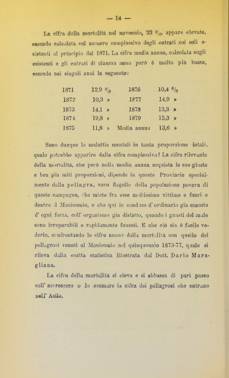 La cifi’a della mo'talità nel novennio, 33 o/o, appare elevata, es;iendo calcolata sul ninnerò complessivo degli entrati coi soli e* sistenti al principio del 1871. La cifra media annua, calcolata sugli esistenti e gli entrati di ciascun anno però è molto più bassa, essendo nei singoli anni la seguente; 1871 12.9 % 1876 10,4 o/o 1872 10,3 » 1877 14,9 » 1873 14,1 » 1875 13,3 » 1874 19,8 » 1879 15,3 » 1875 11,8 * Media annua 13,6 » Sono dunque le malattie mentali in tanta proporzione letali, quale potrebbe apparire dalla cifra complessiva? La cifra rilevante della morfalità, che però nella media annua acquista le sue giuste e ben più miti proporzioni, dipende in queste Provincie special* niente dalla pellagra, vero flagello della popolazione povera di queste campagne, che miete fra esse moltissime vittime e fuori e dentro d Manicomio, e die qui le cond ice d* ordinario già esausto d’ ogni forza, coll’ organismo già disfatto, quando i guasti del male sono irreparabili e rapidamente funesti. E clie ciò sia é facile ve- derlo, confrontando le cifre annuì della mortdifà con quelle dei pelliigrosi venuti al Manicomio nel quinquennio 1873-77, quale si rileva dalla esatta statistica illustrata dai Dott. Dario Mara- gliano. La cifra della mortalità si eleva e si abbassa di pari passo coir accrescere o lo scemare la cifra dei pellagrosi che entrano neir Asilo,