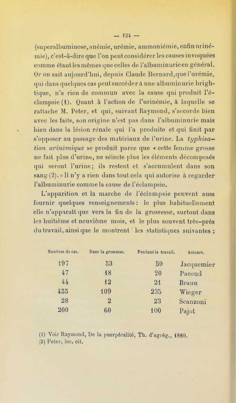 (superalbuminose, anémie, urémie, ammoniémie, enfin uriné- mie), c’est-à-dire que l’on peut considérer les causes invoquées comme étant les mômes que celles de l’albuminurie en général. Or on sait aujourd’hui, depuis Claude Bernard,que l’urémie, qui dans quelques cas peut succéder à une albuminurie brigh- tique, n’a rien de commun avec la cause qui produit l’é- clampsie (1). Quant à l’action de Turinémie, à laquelle se rattache M. Peter, et qui, suivant Raymond, s’accorde bien avec les faits, son origine n’est pas dans l’albuminurie mais bien dans la lésion rénale qui l’a produite et qui finit par s’opposer au passage des matériaux de l’urine. La typhisa- tion urinémique se produit parce que «cette femme grosse 11e fait plus d’urine, ne sélecte plus les éléments décomposés qui seront l’urine; ils restent et s’accumulent dans son sang (2). » IJ n’y a rien dans tout cela qui autorise à regarder l’albuminurie comme la cause de l’éclampsie. L’apparition et la marche de l’éclampsie peuvent auss fournir quelques renseignements : le plus habituellement elle n’apparait que vers la fin de la grossesse, surtout dans les huitième et neuvième mois, et le plus souvent très-près du travail, ainsique le montrent les statistiques suivantes : Nombres do cas. Dans la grossesse. Pendant le travail. Auteurs. 197 53 59 Jacquemier 47 18 20 Pacoud 44 12 21 Braun 455 109 235 Wieger 28 2 23 Scanzoni 200 60 100 Pajot (1) Voir Raymond, Ue la puerpéralité, Th. d’agrég., 1880. (2) Peter, loc. cit.