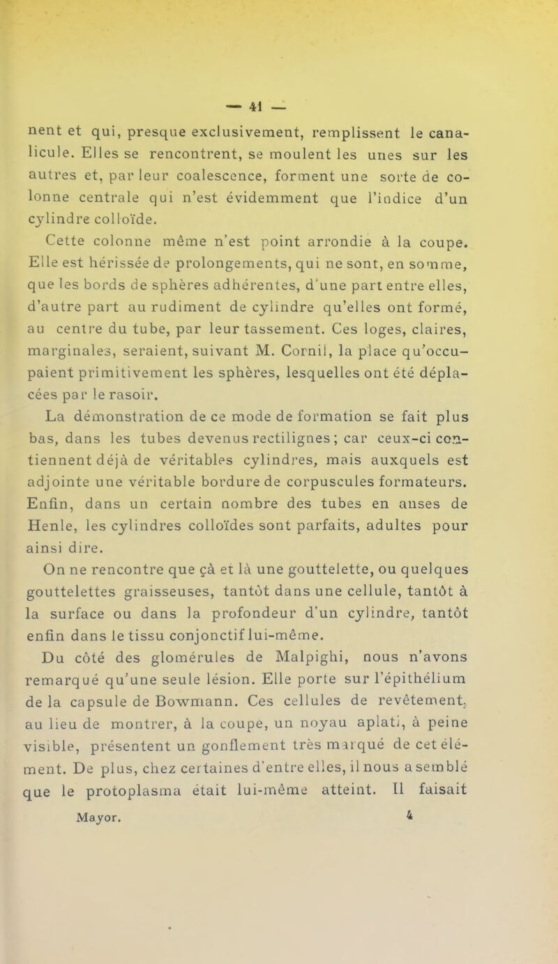 nent et qui, presque exclusivement, remplissent le cana- licule. Elles se rencontrent, se moulent les unes sur les autres et, par leur coalescence, forment une sorte de co- lonne centrale qui n’est évidemment que l’indice d’un cylindre colloïde. Cette colonne même n’est point arrondie à la coupe. Elle est hérissée de prolongements, qui ne sont, en somme, que les bords de sphères adhérentes, d'une part entre elles, d’autre part au rudiment de cylindre qu’elles ont formé, au centre du tube, par leur tassement. Ces loges, claires, marginales, seraient, suivant M. Cornii, la place qu’occu- paient primitivement les sphères, lesquelles ont été dépla- cées par le rasoir. La démonstration de ce mode de formation se fait plus bas, dans les tubes devenus rectilignes ; car ceux-ci con- tiennent déjà de véritables cylindres, mais auxquels est adjointe une véritable bordure de corpuscules formateurs. Enfin, dans un certain nombre des tubes en anses de Henle, les cylindres colloïdes sont parfaits, adultes pour ainsi dire. On ne rencontre que çà et là une gouttelette, ou quelques gouttelettes graisseuses, tantôt dans une cellule, tantôt à la surface ou dans la profondeur d’un cylindre, tantôt enfin dans le tissu conjonctif lui-même. Du côté des glomérules de Malpighi, nous n’avons remarqué qu’une seule lésion. Elle porte sur l’épithélium de la capsule de Bowmann. Ces cellules de revêtement., au lieu de montrer, à la coupe, un noyau aplati, à peine visible, présentent un gonflement très marqué de cet élé- ment. De plus, chez certaines d’entre elles, il nous a semblé que le protoplasma était lui-même atteint. 11 faisait Mayor. 4