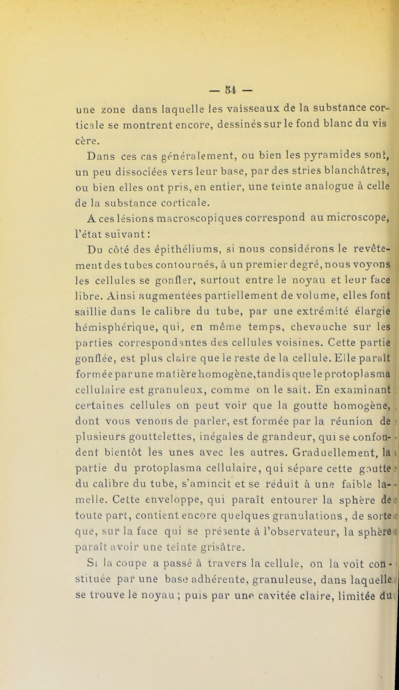 — 51 — une zone dans laquelle les vaisseaux de la substance cor- ticale se montrent encore, dessinés sur le fond blanc du vis cère. Dans ces cas généralement, ou bien les pyramides sont, un peu dissociées vers leur base, par des stries blanchâtres, ou bien elles ont pris, en entier, une teinte analogue à celle de la substance corticale. A ces lésions macroscopiques correspond au microscope, l’état suivant : Du côté des épithéliums, si nous considérons le revête- ment des tubes contournés, à un premier degré, nous voyons les cellules se gonfler, surtout entre le noyau et leur face libre. Ai nsi augmentées partiellement de vol u me, elles font saillie dans le calibre du tube, par une extrémité élargie hémisphérique, qui, en même temps, chevauche sur les parties correspondantes des cellules voisines. Cette partie gonflée, est pl us claire que le reste delà cellule. Elle parait formée par une matière homogène,tandis que le protoplasma cellulaire est granuleux, comme on le sait. En examinant certaines cellules on peut voir que la goutte homogène, dont vous venons de parler, est formée par la réunion de plusieurs gouttelettes, inégales de grandeur, qui se confon- dent bientôt les unes avec les autres. Graduellement, la partie du protoplasma cellulaire, qui sépare cette gnutte du calibre du tube, s’amincit et se réduit à une faible la- melle. Cette enveloppe, qui paraît entourer la sphère de toute part, contient encore quelques granulations, de sorte que, sur la face qui se présente à l’observateur, la sphère paraît avoir une teinte grisâtre. Si la coupe a passé à travers la cellule, on la voit con- stituée par une base adhérente, granuleuse, dans laquelle se trouve le noyau ; puis par une cavitée claire, limitée du