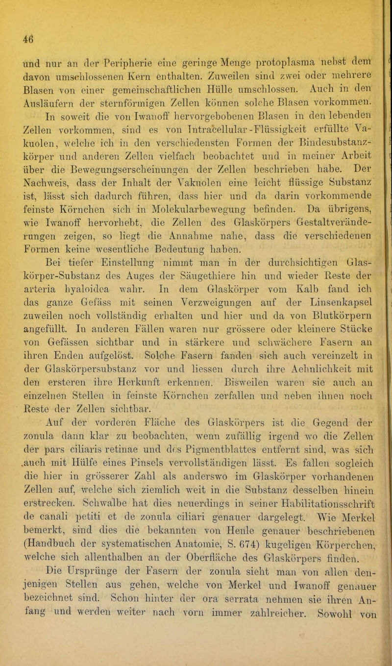 und nur an fler Peripherie eine geringe Menge protoplasma iiebst clem davon umschlossenen Kern enthalten. Zuweilen sind zwei oder niehrere Blasen von einer gemeinschaftliclien Hiille nmscldossen. Auch in den Anslaufern der sternformigen Zellen konnen solche Blasen vorkomraen. In soweit die von Iwanoff hervorgebobcnen Blasen in den lebenden Zellen vorkommen, sind es von Intracellular-Fliissigkeit erfiillte Va- kuolen, welche ich in den verschiedensten Forrnen der Bindesubstanz- korper und anderen Zellen vielfach beobaclitet und in meiner Arbeit iiber die Bewegungserscbeinungen der Zellen bescbrieben babe. Der Nachweis, dass der Inbalt der Vakuolen eine leicht fliissige Substanz ist, lasst sich dadurch fiihren, dass bier und da darin vorkommende feinste Kornchen sich in Molekularbewegung befinden. Da iibrigens, wie Iwanoff hervorhebt, die Zellen des Glaskorpers Gestaltveriinde- rungen zeigen, so liegt die Annahme nahe, dass die verschiedenen Forrnen keine wesentliche Bedeutung haben. Bei tiefer Einstellung nimmt man in der durchsichtigen Glas- korper-Substanz des Auges der vSiiugethiere bin und wieder Reste der arteria hyaloidea wahr. In dem Glaskc)rper vom Kalb fand ich das ganze Gefass mit seinen Verzweigungen anf der Linsenkapsel zuweilen noch voUstiindig erhalten und bier und da von Blutkorpern angefiillt. In anderen Fallen waren nur grossere oder kleinere Stiicke von Gefassen sichtbar und in starkere und schvv'achere Fasern an ihren Enden aufgelost. Solche Fasern fanden sich auch vereinzelt in der Glaskorpersubstanz vor und liessen durch ihre Aehnlichkeit mit den ersteren ihre Herkunft erkennen. Bisweilen waren sie auch an einzelnen Stellen in feinste Kornchen zerfallen und neben ihnen noch Reste der Zellen sichtbar. Auf der vorderen Fliiche des Glaskorpers ist die Gegend der zonula dann klar zu beobachten, wemi zufiillig irgend wo die Zellen der pars ciliaris retinae und df.s Pigraentblattes entfernt sind, was sich .auch mit Hiilfe eines Pinsels vervoUstiindigen lilsst. Es fallen sogleich die bier in grosserer Zahl als anderswo im Glaskorper vorhandenen Zellen auf, welche sich ziemlich weit in die Substanz desselben hinein erstrecken. Schwalbe hat dies neuerdings in seiner Habilitationsschrift de canali petiti et de zonula ciliari genauer dargelegt. Wie Merkel bemerkt, sind dies die bekannten von Henle genauer beschriebenen (Handbuch der systematischen Anatomic, S. 674) kugcligen Korperchon, welche sich allenthalben an der Oberflache des Glaskorpers findcn. Die Urspriinge der Fasern der zonula sieht man von alien den- jenigen Stellen aus gehen, welche von Merkel und Iwanoff geuiiuer bezeichnet sind. Schon hinter der ora serrata nehmen sie ihren An- fang und werden weiter nach vorn immer zahlreicher. Sowohl von