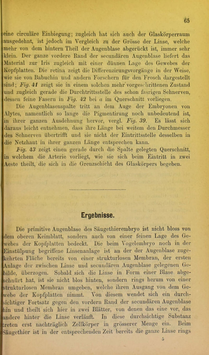 eine circuliire Einbiegung; 2ugieich liat sich audi der Glaskorperraum ausgedehnt, ist jedoch im Vergleich zu der Grosse der Linse, welche mehr von dem hintern Theil der Augenblase abgeriickt ist, immer sehr kleiii. Der ganze vordere Rand der secnndaren Augenblase liefert das Material zur Iris zugleich mit einer diinnen Lage des Gewebes der Kopfplatten. Die retina zeigt die Diftereuzirungsvorgaiige in der Weise, wie sie von Babuchin und andern Forschern fur den Frosch dargestellt sind; Fig. 41 zeigt sie in einem solchen mehr'vorgesclirittenen Zustand und zugleich gerade die Durchtrittsstelle des schon fasrigen Sehnerven, desson feine Fasern in Fiy. 42 bei a im Quersclinitt vorliegen. Die Augenblasenspalte tritt an dem Auge der Erabryonen von Alytes, namentlich so lange die Pigmentirung noch unbedeutend ist, in ihrer ganzen Ausdelinung hervor, vergl. Fig. 39. Es lasst sich daraus leicht entnehmen, dass ihre Lange bei weitem den Durchmesser des Sehnerven iibertriff't und sie nicht der Eintrittsstelle desselben in die Netzhaut in ihrer ganzen Lange entsprechen kann. Fig. 43 zeigt einen gerade durcli die Spaltc gelegten Querschnitt, in welchem die Arterie vorliegt, wie sie sich beim Eintritt in zwei Aeste theilt, die sich in die Grenzschicht des Glaskorpers begeben. Ergebnisse. Die primitive Augenblase des Saugethierembryo ist nicht bloss von dem oberen Keimblatt, sondern auch von einer feinen Lage des Ge- ^vebes der Kopfplatten bedeckt. Die beim Vogelembryo noch in der Einstiilpung begrilfene Linsenanlage ist an der der Augenblase zuge- kehrten Flache bereits von einer strukturlosen Membran, der ersten Anlage der zwischen Linse und secundaren Augenblase gelegenen Gc- hilde, iiberzogen. Sobald sich die Linse in Form einer Blase abge- ^chuiirt hat, ist sie nicht bios hinten, sondern rings herum von einer strukturlosen Membran umgeben, welche ihren Ausgang von dem Ge- webe der Kopfplatten nimmt. Yon dieseni wendet sich ein durch- sichtiger Fortsatz gegen den vordern Rand der secundaren Augenblase bin und theilt sich hier in zwei Blatter, von denen das eine vor, das andere hinter die Linse verlauft. In diese durchsichtige Substanz treten erst nachtraglich Zellkorper in grosserer Menge ein. Beim Saugethier ist in der cntsprechenden Zeit bereits die ganze Linse rings