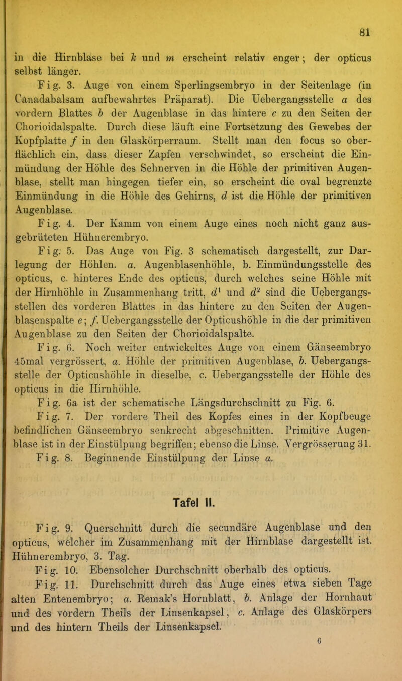 in die Hirnblase bei A* unci m erscheint relativ enger; der opticus selbst langer. Fig. 3. Auge von einem Sperlingsembryo in der Seitenlage (in Canadabalsam aufbewahrtes Praparat). Die Uebergangsstelle a des vordern Blattes h der Augenblase in das iiintere c zu den Seiten der Chorioidalspalte. Durch diese lauft eine Fortsetzung des Gewebes der Kopfplatte / in den Glaskorperraum. Stellt man den focus so ober- flachlich ein, dass dieser Zapfen verschwindet, so erscheint die Ein- miindung der Hohle des Sehnerven in die Hohle der primitiven Augen- blase, stellt man hingegen tiefer ein, so erscheint die oval begrenzte Einmiindung in die Hohle des Gehirns, d ist die Hohle der primitiven Augenblase. Fig. 4. Der Kamm von einem Auge eines noch nicht ganz aus- gebriiteten Hiihnerembryo. Fig. 5. Das Auge von Fig. 3 schematisch dargestellt, zur Dar- legung der Hohlen. a. Augenblasenhohle, b. Einmiindungsstelle des opticus, c. hinteres Ende des opticus, durch welches seine Hohle mit der Hirnhohle in Zusammenhang tritt, und d'^ sind die Uebergangs- stellen des vorderen Blattes in das hintere zu den Seiten der Augen- blasenspalte e; /.Uebergangsstelle der Opticushohle in die der primitiven Augenblase zu den Seiten der Chorioidalspalte. Fig. 6. Noch weiter entwickeltes Auge von einem Ganseembryo 45mal vergrossert, a. Hohle der primitiven Augenblase, h. Uebergangs- stelle der Opticushohle in dieselbe, c. Uebergangsstelle der Hohle des opticus in die Hirnhohle. Fig. 6a ist der schematische Langsdurchschnitt zu Fig. 6. Fig. 7. Der vordere Theil des Kopfes eines in der Kopfbeuge befindlichen Ganseembryo senkreclit abgeschnitten. Primitive Augen- blase ist in der Einstulpung begriffen; ebenso die Linse. Vergrosserung 31. Fig. 8. Beginnende Einstulpung der Linse a. Tafel II. Fig. 9. Querschnitt durch die secundare Augenblase und den opticus, welcher im Zusammenhang mit der Hirnblase dargestellt ist. Hiihnerembryo, 3. Tag. Fig. 10. Ebensolcher Durchschnitt oberhalb des opticus. Fig. 11. Durchschnitt durch das Auge eines etwa sieben Tage alien Entenembryo; a. Remak's Hornblatt, b. Anlage der Hornhaut und des vordern Theils der Linsenkapsel, c. Anlage des Glaskorpers iind des hintern Theils der Linsenkapsel.