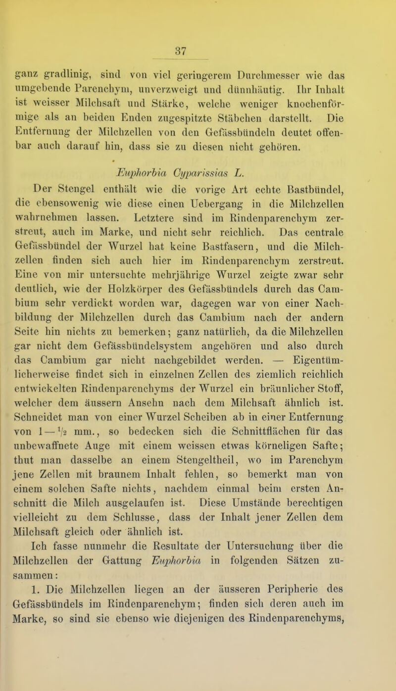 ganz gradlinig, sind von viel geringerem Durchmesser wie das umgebende Parenchym, unverzweigt und dünnhäutig. Ihr Inhalt ist wcisser Milchsaft und Stärke, welche weniger knochenför- mige als an beiden Enden zugespitzte Stäbchen darstellt. Die Entfernung der Milchzellen von den Gefässbündeln deutet offen- bar auch darauf hin, dass sie zu diesen nicht gehören. Euphorbia Cyparissias L. Der Stengel enthält wie die vorige Art echte Bastbündel, die ebensowenig wie diese einen Uebergang in die Milchzellen wahrnehmen lassen. Letztere sind im Rindenparenchym zer- streut, auch im Marke, und nicht sehr reichlich. Das centrale Gefässbündel der Wurzel hat keine Bastfasern, und die Milch- zellen finden sich auch hier im Rindenparenchym zerstreut. Eine von mir untersuchte mehrjährige Wurzel zeigte zwar sehr deutlich, wie der Holzkörper des Gefässbiindels durch das Cam- bium sehr verdickt worden war, dagegen war von einer Nach- bildung der Milchzellen durch das Cambium nach der andern Seite hin nichts zu bemerken; ganz natürlich, da die Milchzelleu gar nicht dem Gefässbündelsystem angehören und also durch das Cambium gar nicht nachgebildet werden. — Eigentüm- licherweise findet sich in einzelnen Zellen des ziemlich reichlich entwickelten Rindenparenchyms der Wurzel ein bräunlicher Stoff, welcher dem äussern Ansehn nach dem Milchsaft ähnlich ist. Schneidet man von einer Wurzel Scheiben ab in einer Entfernung von 1 — V2 mm., so bedecken sich die Schnittflächen für das unbewaffnete Auge mit einem weissen etwas körneligen Safte; thut man dasselbe an einem Stengeltheil, wo im Parenchym jene Zellen mit braunem Inhalt fehlen, so bemerkt man von einem solchen Safte nichts, nachdem einmal beim ersten An- schnitt die Milch ausgelaufen ist. Diese Umstände berechtigen vielleicht zu dem Schlüsse, dass der Inhalt jener Zellen dem Milchsaft gleich oder ähnlich ist. Ich fasse nunmehr die Resultate der Untersuchung über die Milchzellen der Gattung Euphorbia in folgenden Sätzen zu- sammen : 1. Die Milchzellen liegen an der äusseren Peripherie des Gefässbündels im Rindenparenchym; finden sich deren auch im Marke, so sind sie ebenso wie diejenigen des Rindenparenchyms,