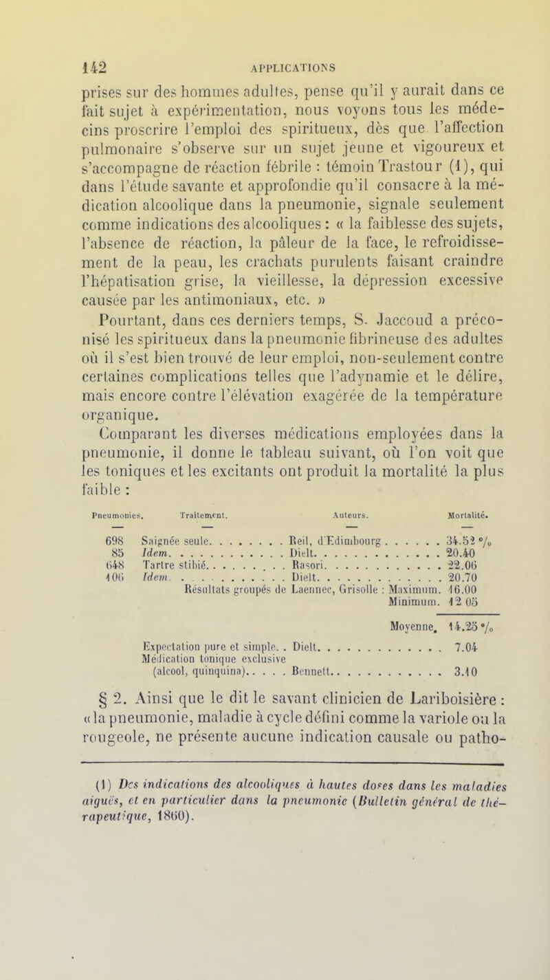prises sur des hommes adultes, pense qu’il y aurait dans ce fait sujet à expérimentation, nous voyons tous les méde- cins proscrire l’emploi des spiritueux, dès que l’affection pulmonaire s’observe sur un sujet jeune et vigoureux et s’accompagne de réaction fébrile : témoin Trastour (1), qui dans l’étude savante et approfondie qu’il consacre à la mé- dication alcoolique dans la pneumonie, signale seulement comme indications des alcooliques : « la faiblesse des sujets, l’absence de réaction, la pâleur de la face, le refroidisse- ment de la peau, les crachats purulents faisant craindre l’hépatisation grise, la vieillesse, la dépression excessive causée par les antimoniaux, etc. » Pourtant, dans ces derniers temps, S. Jaccoud a préco- nisé les spiritueux dans la pneumonie fibrineuse des adultes où il s’est bien trouvé de leur emploi, non-seulement contre certaines complications telles que l’adynamie et le délire, mais encore contre l’élévation exagérée de la température organique. Comparant les diverses médications employées dans la pneumonie, il donne le tableau suivant, où l’on voit que les toniques et les excitants ont produit la mortalité la plus faible : PneumoDies, Traitement. Auteurs. Mortalité. 69S Saignée seule . . . 34.52 °/< 85 Idem . . . 20.40 648 Tartre stibié . . Rasori . . . 22.06 lOti Idem. ....... Résultats groupés de Laennec, Grisolle : Maximum. 16.00 Minimum. 12 05 Moyenne. 14.25 •/<> Expectation pure et simple. . Dielt 7.04 Médication tonique exclusive (alcool, quinquina) Bennett 3.10 § 2. Ainsi que le dit le savant clinicien de Lariboisière : «la pneumonie, maladie à cycle défini comme la variole ou la rougeole, ne présente aucune indication causale ou patho- (1) Des indications des alcooliques à hautes doses dans les maladies aiguës, et en particulier dans la pneumonie (Bulletin général de thé- rapeutique, 18G0).