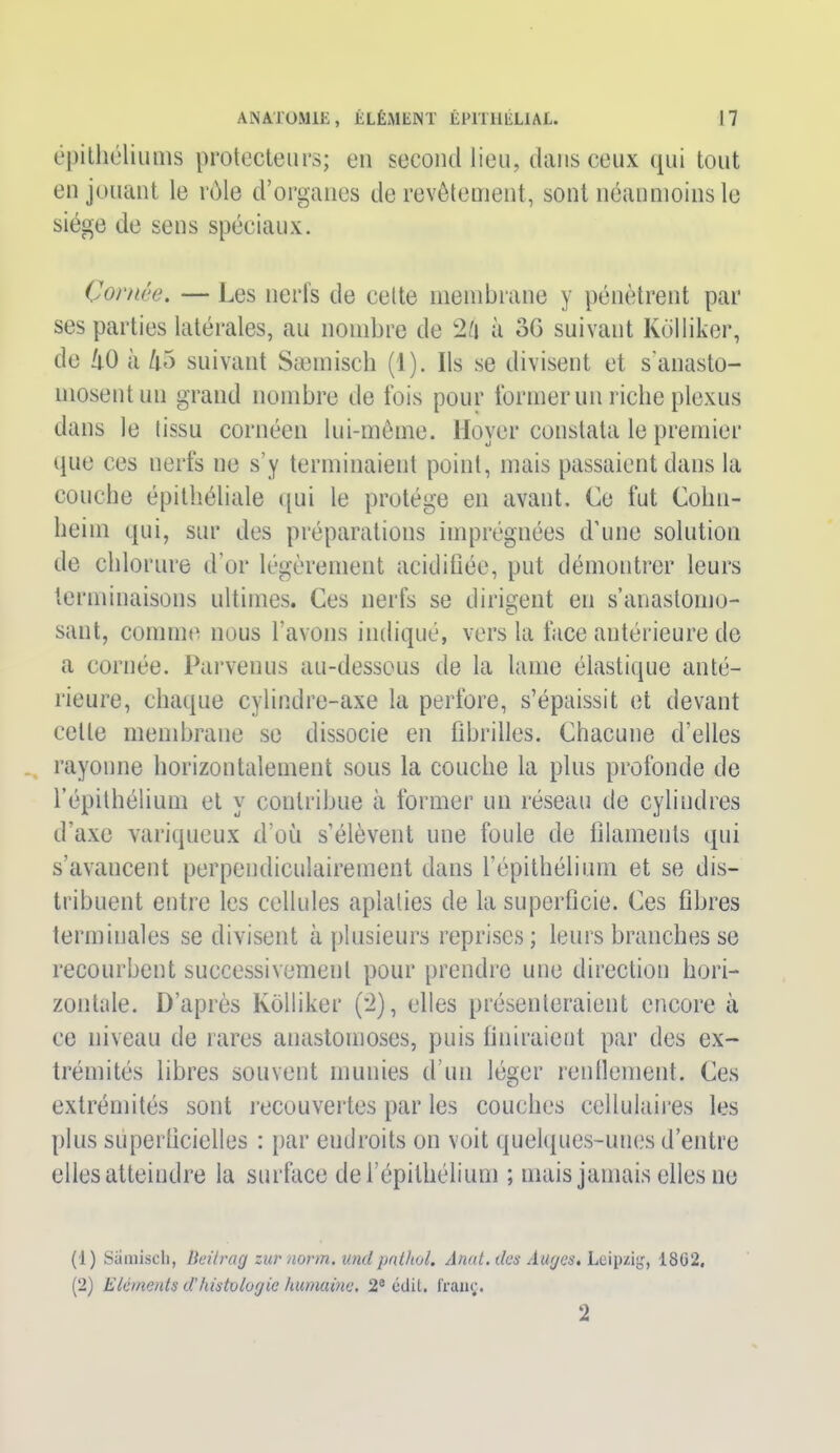 épithéliums protecteurs; en second lieu, dans ceux qui tout en jouant le rôle d’organes de revêtement, sont néanmoins le siège de sens spéciaux. Cornée. — Les nerfs de cette membrane y pénètrent par ses parties latérales, au nombre de 2/i à 3G suivant Kolliker, de !i0 à ko suivant Sæmisch (1). Ils se divisent et s'anasto- mosent un grand nombre île fois pour former un riche plexus dans le tissu cornéen lui-même. Hoyer constata le premier que ces nerfs ne s’y terminaient point, mais passaient dans la couche épithéliale qui le protège en avant. Ce fut Cohn- heim qui, sur des préparations imprégnées d’une solution de chlorure d’or légèrement acidifiée, put démontrer leurs terminaisons ultimes. Ces nerfs se dirigent en s’anastomo- sant, comme nous l’avons indiqué, vers la face antérieure de a cornée. Parvenus au-dessous de la lame élastique anté- rieure, chaque cylindre-axe la perfore, s’épaissit et devant cette membrane se dissocie en fibrilles. Chacune d’elles rayonne horizontalement sous la couche la plus profonde de l’épithélium et y contribue à former un réseau de cylindres d'axe variqueux d’où s’élèvent une foule de filaments qui s’avancent perpendiculairement dans l’épithélium et se dis- tribuent entre les cellules aplaties de la superficie. Ces libres terminales se divisent à plusieurs reprises; leurs branches se recourbent successivement pour prendre une direction hori- zontale. D’après Kolliker (2), elles présenteraient encore à ce niveau de rares anastomoses, puis finiraient par des ex- trémités libres souvent munies d'un léger renflement. Ces extrémités sont recouvertes par les couches cellulaires les plus superficielles : par endroits on voit quelques-unes d’entre elles atteindre la surface de l’épithélium ; mais jamais elles ne (1) Samisch, Beitrag zurnorm. undpnthol. Anut. des Auges. Leipzig, 1862. (2) Eléments d’histologie humaine. 2e édit, frauç. 2