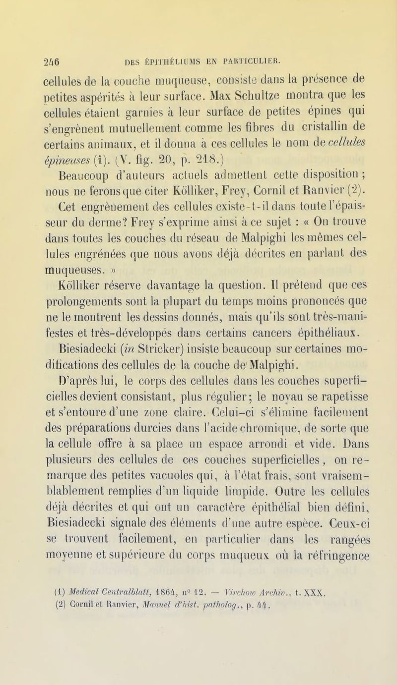 cellules de la couche muqueuse, consiste dans la présence de petites aspérités à leur surface. Max Schultze montra que les cellules étaient garnies à leur surface de petites épines qui s’enerènent mutuellement comme les fibres du cristallin de O certains animaux, et il donna a ces cellules le nom de cellules épineuses (i). (Y. fig. 20, p. 218.) Beaucoup d’auteurs actuels admettent cette disposition ; nous ne ferons que citer Kolliker, Frey, Cornil et Ram ier (2). Cet engrènement des cellules existe-t-il dans toute l’épais- seur du derme? Frey s’exprime ainsi à ce sujet : « On trouve dans toutes les couches du réseau de Malpighi les mêmes cel- lules engrénées que nous avons déjà décrites en parlant des muqueuses. » Kolliker réserve davantage la question. 11 prétend que ces prolongements sont la plupart du temps moins prononcés que ne le montrent les dessins donnés, mais qu’ils sont très-mani- festes et très-développés dans certains cancers épithéliaux. Biesiadecki (in Stricker) insiste beaucoup sur certaines mo- difications des cellules de la couche de Malpighi. D’après lui, le corps des cellules dans les couches superti- cielles devient consistant, plus régulier; le noyau se rapetisse et s’entoure d’une zone claire. Celui-ci s'élimine facilement des préparations durcies dans l’acide chromique, de sorte que la cellule offre à sa place un espace arrondi et vide. Dans plusieurs des cellules de ces couches superficielles, on re- marque des petites vacuoles qui, à l’état frais, sont vraisem- blablement remplies d’un liquide limpide. Outre les cellules déjà décrites et qui ont un caractère épithélial bien défini, Biesiadecki signale des éléments d’une autre espèce. Ceux-ci se trouvent facilement, en particulier dans les rangées moyenne et supérieure du corps muqueux où la réfringence (1) Medical Centralblatt, 1864, n° 12. — Virchow Archiv.. t. XXX.
