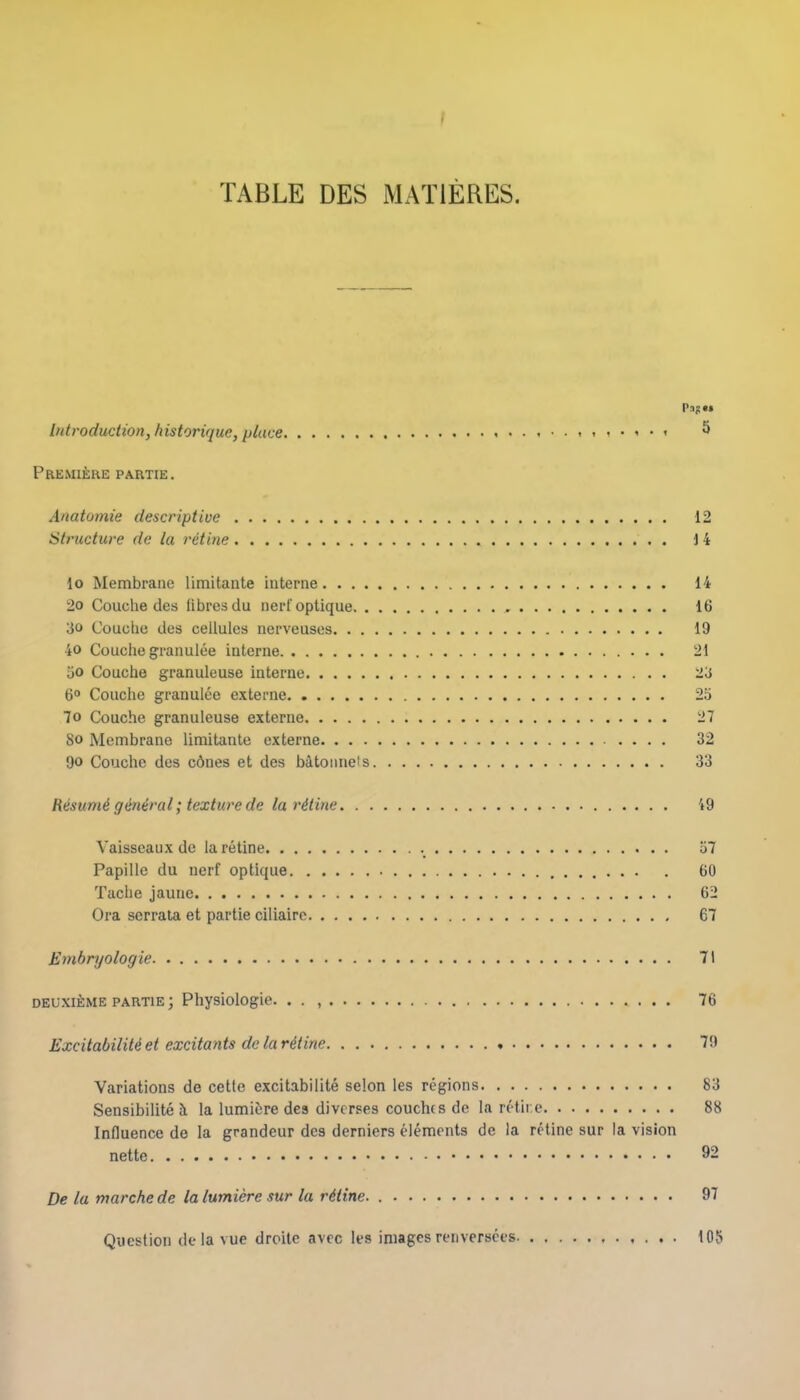 TABLE DES MATiERES. Introduction, historique, place ,,,.«.» 5 Premiere partie. Anatomie descriptive 12 Structure de la retine 14 lo Membrane limitante interne 14 2o Couclie des fibres du nert'optique 16 3o Couclie des cellules nerveuses 19 4o Couche granulee interne 21 50 Couche granuleuse interne 23 6° Couche granulee externe 25 7o Couche granuleuse externe 27 So Membrane limitante externe .... 32 9o Couche des cdnes et des batoitneis 33 Resume'genit al; texture de la retine 49 Vaisscaux de la retine 57 Papille du nerf optique . 60 Tache jaune 62 Ora scrrata et partie ciliaire 67 Embryologie 71 deuxieme partie ; Physiologie. . . , 76 Excitability et excitants de la rttine 7!) Variations de cette excitabilite selon les regions 83 Sensibilite a la lumiere des divcrses couches de la retire 88 Influence de la grandeur des derniers elements de la retine sur la vision nette 92 De la marche de la lumiere sur la rttine. 97 Question de la vue droite avec les images renversees 105