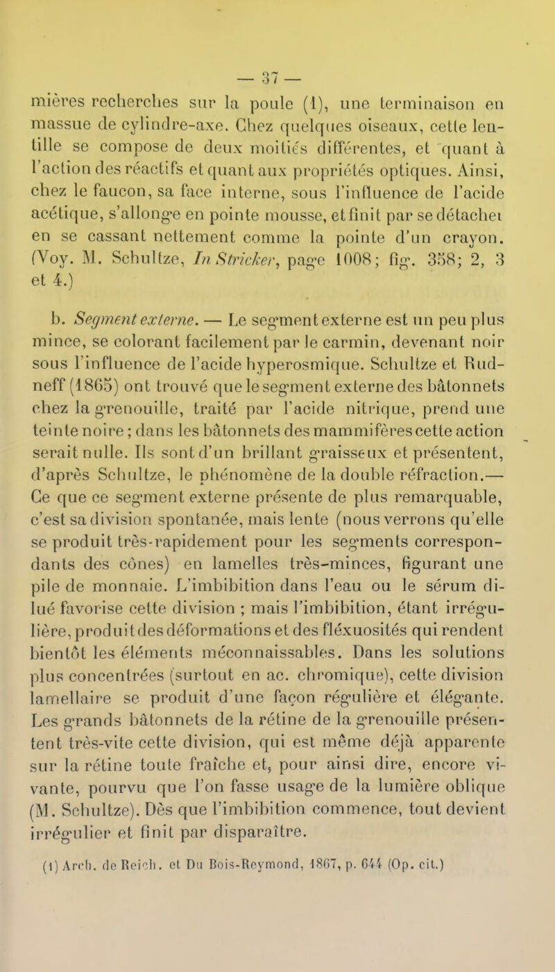 mieres rechcrches sur la poule (1), une terminaison en massue de cylindre-axe. Chez quelques oiscaux, cetle leu- tille se compose de deux moities differentes, et quant a Taction des reactifs et quant aux propriety optiques. Ainsi, chez le faucon, sa face interne, sous I'inftuence de l'acide ace'lique, s'allong'e en pointe mousse, etfinit par se detacher en se cassant nettement comme la pointe d'un crayon. (Voy. M. Schultze, In Strieker, page 1008; fig*. 358; 2, 3 et 4.) b. Segment exteme. — Le segment externe est un peuplus mince, se colorant facilement par le carmin, devenant noir sous l'influence de l'acide hyperosmique. Schultze et Rud- neff (1865) ont trouve que le segment externedes batonnets chez la grenouille, traite par l'acide nitrique, prend une teinte noire; dans les batonnets des mammiferes cette action seraitnulle. lis sontd'un brillant graisseux et presentent, d'apres Schultze, le phenomene de la double refraction.— Ge que ce segmient externe presente de plus remarquable, e'est sa division spontanee, mais lente (nous verrons qu'elle se produit tres-rapidement pour les segrnents correspon- danls des cones) en lamelles tres-minces, figurant une pile de monnaie. L'imbibition dans 1'eau ou le serum di- lue* favorise cette division ; mais l'imbibition, etant irreg*u- liere, produitdesdeformations et des flexuosites qui rendent bientot les elements meconnaissables. Dans les solutions plus concenlrees (surtout en ac. chromique), cette division larnellaire se produit d'une faeon reg'uliere et eleg-ante. Les gTands batonnets de la retine de la grenouille presen- tent tres-vite cette division, qui est meme deja apparenlr sur la retine toute fraiche et5 pour ainsi dire, encore vi- vante, pourvu que Ton fasse usag*e de la lumiere oblique (M. Schultze). Des que l'imbibition commence, tout devient irreg'ulier et unit par disparaitre. (1) Arcb. do Reich, ot Du Rois-Roymond, 186T, p. 044 (Op. cit.)