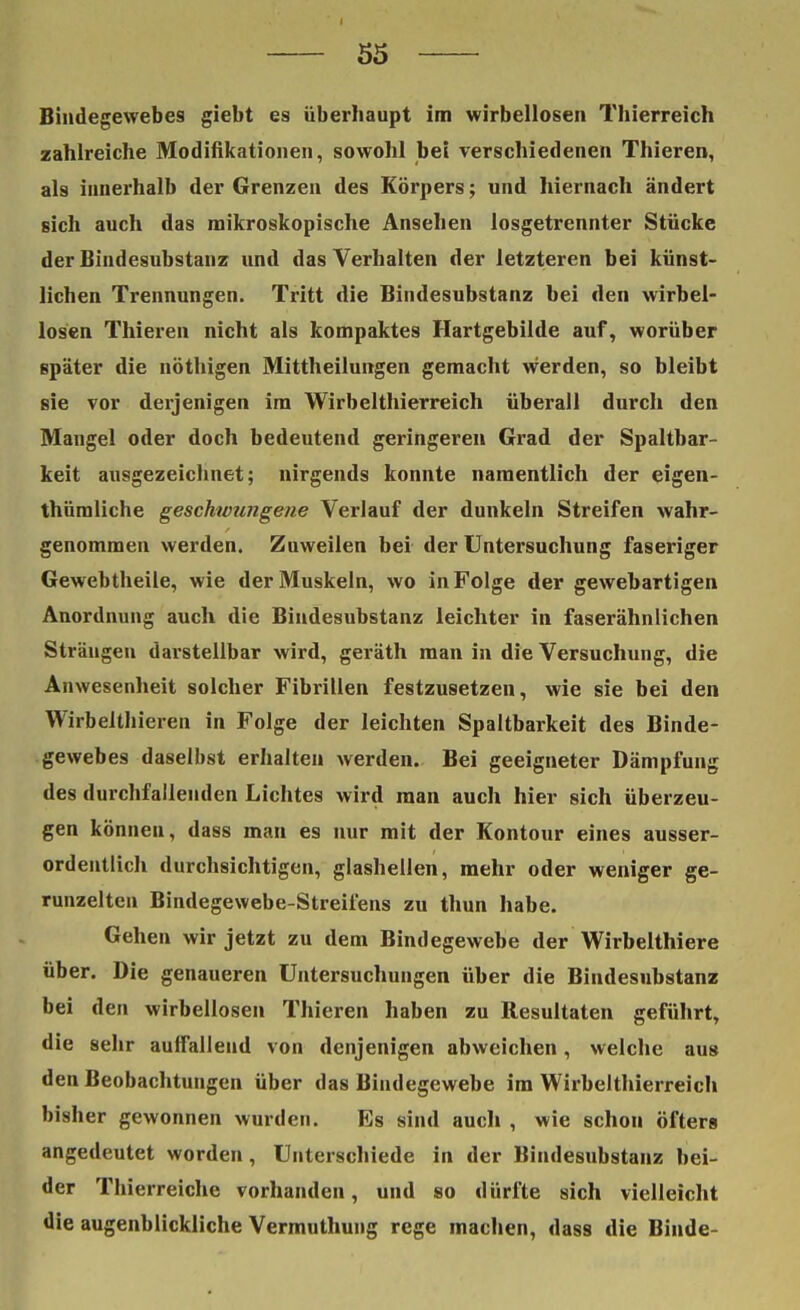 I 55 Bindegewebes giebt es überhaupt im wirbellosen Thierreich zahlreiche Modifikationen, sowohl bei verschiedenen Thieren, als innerhalb der Grenzen des Körpers; und hiernach ändert sich auch das mikroskopische Ansehen losgetrennter Stücke der Bindesubstanz und das Verhalten der letzteren bei künst- lichen Trennungen. Tritt die Bindesubstanz bei den wirbel- losen Thieren nicht als kompaktes Hartgebilde auf, worüber später die nöthigen Mittheilungen gemacht werden, so bleibt sie vor derjenigen im Wirbelthierreich überall durch den Mangel oder doch bedeutend geringeren Grad der Spaltbar- keit ausgezeichnet; nirgends konnte namentlich der eigen- thümliche geschwungene Verlauf der dunkeln Streifen wahr- genommen werden. Zuweilen bei der Untersuchung faseriger Gewebtheile, wie der Muskeln, wo in Folge der gewebartigen Anordnung auch die Bindesubstanz leichter in faserähnlichen Strängen darstellbar wird, geräth man in die Versuchung, die Anwesenheit solcher Fibrillen festzusetzen, wie sie bei den Wirbelthieren in Folge der leichten Spaltbarkeit des Binde- gewebes daselbst erhalten werden. Bei geeigneter Dämpfung des durchfallenden Lichtes wird man auch hier sich überzeu- gen können, dass man es nur mit der Kontour eines ausser- ordentlich durchsichtigen, glashellen, mehr oder weniger ge- runzelten Bindegewebe-Streifens zu thun habe. Gehen wir jetzt zu dem Bindegewebe der Wirbelthiere über. Die genaueren Untersuchungen über die Bindesubstanz bei den wirbellosen Thieren haben zu Resultaten geführt, die sehr aulfallend von denjenigen abweichen, welche aus den Beobachtungen über das Bindegewebe im Wirbelthierreich bisher gewonnen wurden. Es sind auch , wie schon öfters angedeutet worden, Unterschiede in der Bindesubstanz bei- der Thierreiche vorhanden, und so dürfte sich vielleicht die augenblickliche Vermuthung rege machen, dass die Binde-