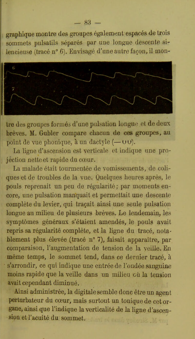 graphique montre des groupes également espacés de trois sommets pulsatils séparés par une longue descente si- lencieuse (tracé n 6). Envisagé d'une autre façon, il mon- tre des groupes formés d'une pulsation longu*^ et de deux brèves. M. Gubler compare chacun de ces groupes, au point de vue phonique, à un dactyle (—uu). La ligne d'ascension est verticale et indique une pro- jéction nette et rapide du cœur. La malade était tourmentée de vomissements, de coli- ques et de troubles de la vue. Quelques heures après, le pouls reprenait un peu de régularité ; par moments en- core, une pulsation manquait et permettait une descente complète du levier, qui traçait ainsi une seule pulsation longue au miheu de plusieurs brèves. Le lendemain, les symptômes généraux s'étaient amendés, le pouls avait repris sa régularité complète, et la ligne du tracé, nota- blement plus élevée (tracé n 7), faisait apparaître, par comparaison, l'augmentation de tension de la veille. En même temps, le sommet tend, dans ce dernier tracé, à s'arrondir, ce qui indique une entrée de l'ondée sanguine moins rapide que la veille dans un milieu où la tension avait cependant diminué. Ainsi administrée, la digitale semble donc être un agent perturbateur du cœur, mais surtout un tonique de cet or- gane, ainsi que l'indique la verticalité de la ligne d'ascen- sion et l'acuité du sommet.