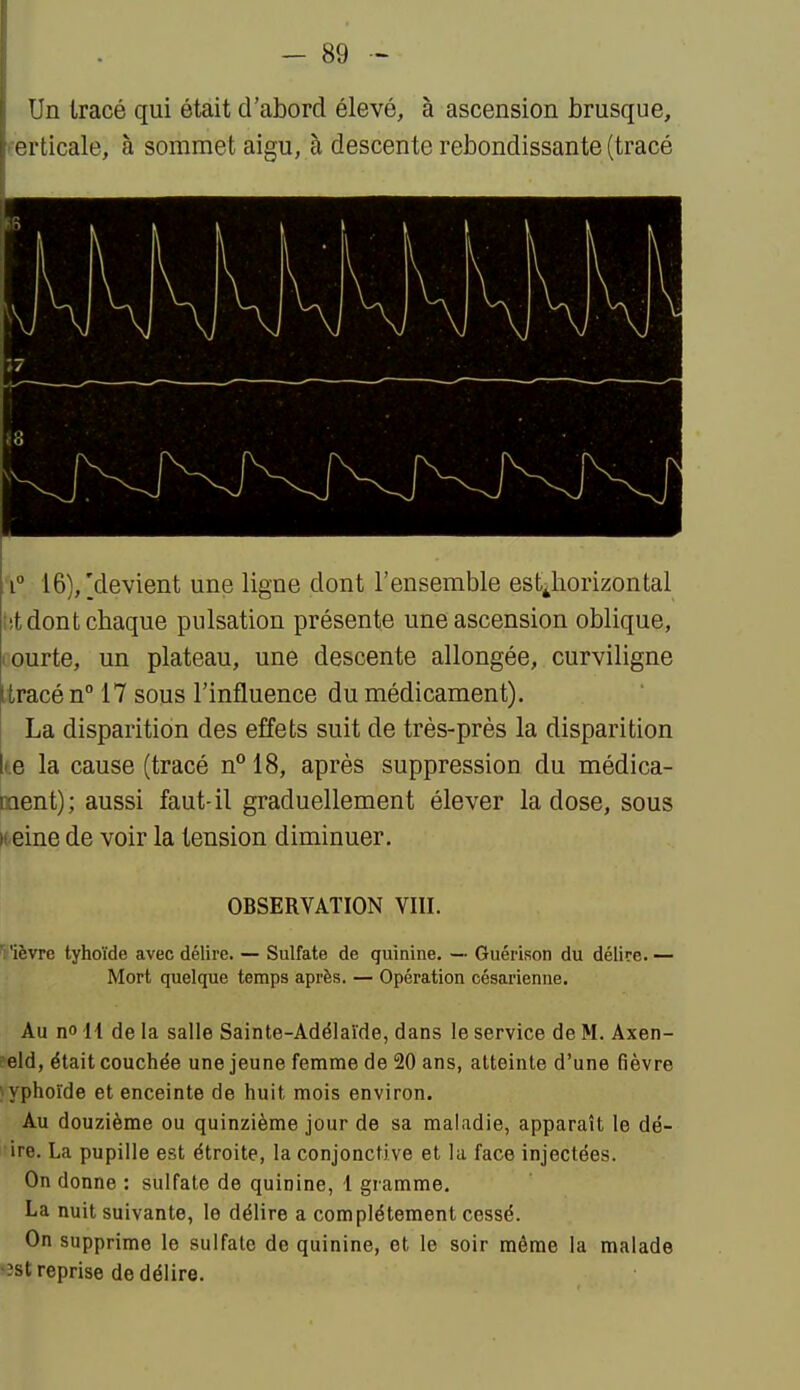 Un tracé qui était d'abord élevé, à ascension brusque, eerticale, à sommet aigu, à descente rebondissante (tracé V 16), [devient une ligne dont l'ensemble est^horizontal lit dont chaque pulsation présente une ascension oblique, lourte, un plateau, une descente allongée, curviligne Itracé n° 17 sous l'influence du médicament). La disparition des effets suit de très-près la disparition te la cause (tracé n18, après suppression du médica- ment); aussi faut-il graduellement élever la dose, sous iceine de voir la tension diminuer. OBSERVATION VIII. t'ièvre tyhoïde avec délire. — Sulfate de quinine. — Guérison du délire. — Mort quelque temps après. — Opération césarienne. Au no H de la salle Sainte-Adélaïde, dans le service de M. Axen- feld, était couchée une jeune femme de 20 ans, atteinte d'une fièvre ' vphoïde et enceinte de huit mois environ. Au douzième ou quinzième jour de sa maladie, apparaît le dé- lire. La pupille est étroite, la conjonctive et la face injectées. On donne : sulfate de quinine, 1 gramme, La nuit suivante, le délire a complètement cessé. On supprime le sulfale de quinine, et le soir même la malade >3st reprise de délire.