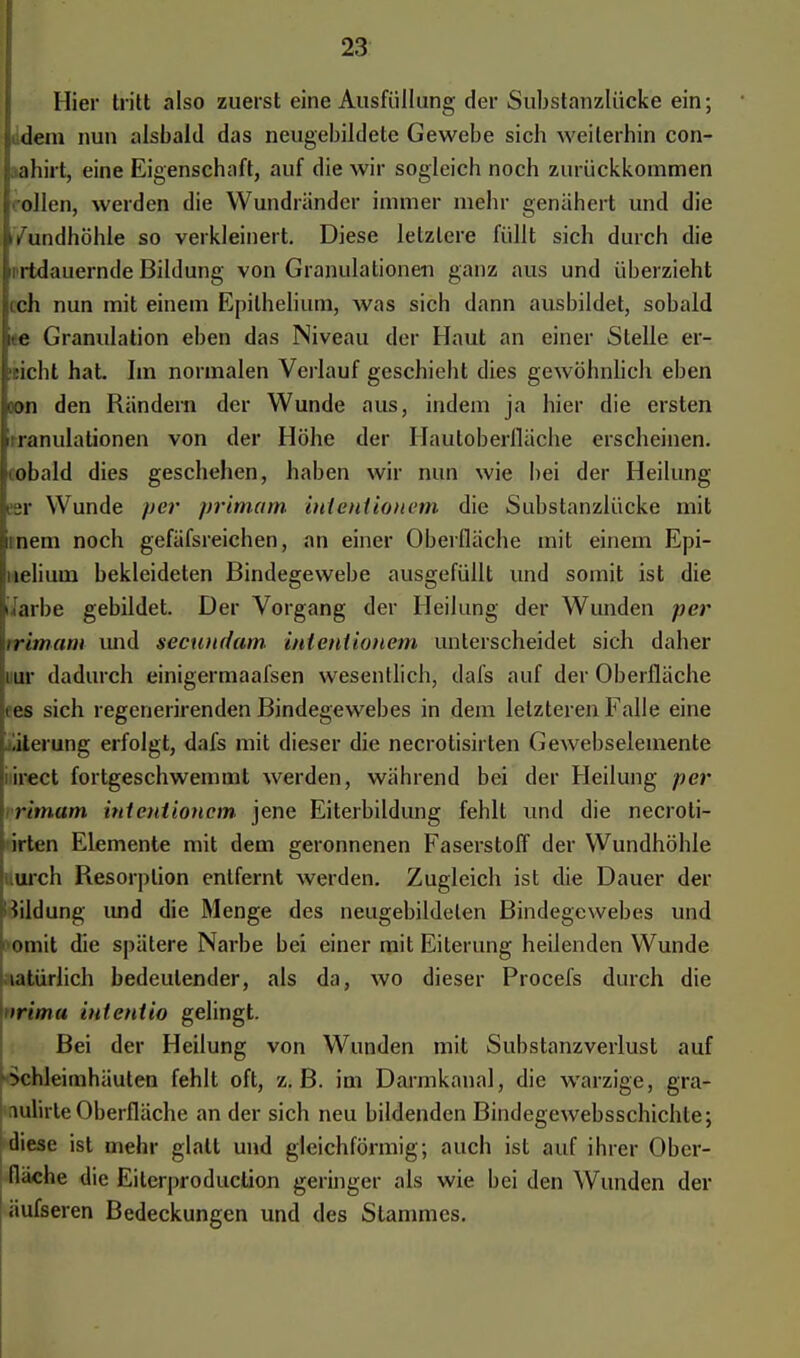 Hier tritt also zuerst eine Ausfüllung der Substanzlücke ein; dem nun alsbald das neugebildete Gewebe sich weiterhin con- j ahirt, eine Eigenschaft, auf die wir sogleich noch zurückkommen ollen, werden die Wundränder immer mehr genähert und die i/undhöhle so verkleinert. Diese letztere füllt sich durch die rtdauernde Bildung von Granulationen ganz aus und überzieht ich nun mit einem Epilhelium, was sich dann ausbildet, sobald i e Granulation eben das Niveau der Haut an einer Stelle er- ficht hat. Im normalen Verlauf geschieht dies gewöhnlich eben oon den Rändern der Wunde aus, indem ja hier die ersten »iranulationen von der Höhe der Hautoberlläche erscheinen. Hobald dies geschehen, haben wir nun wie bei der Heilung eer Wunde per primam intentionem die Substanzlücke mit iinein noch gefäfsreichen, an einer Oberfläche mit einem Epi- nelium bekleideten Bindegewebe ausgefüllt und somit ist die iJarbe gebildet. Der Vorgang der Heilung der Wunden per irimam und sectitidam intentionem unterscheidet sich daher mr dadurch einigermaafsen wesentlich, dafs auf der Oberfläche tes sich regenerirenden Bindegewebes in dem letzteren Falle eine iilerung erfolgt, dafs mit dieser die necrotisirten Gewebselemente irect fortgeschwemmt werden, während bei der Heilung per rimam intentionem jene Eiterbildung fehlt und die necroli- irten Elemente mit dem geronnenen Faserstoff der Wundhöhle uurch Resorption entfernt werden. Zugleich ist die Dauer der Bildung und die Menge des neugebildelen Bindegewebes und omit die spätere Narbe bei einer mit Eiterung heilenden Wunde latürlich bedeutender, als da, wo dieser Procefs durch die irima intentio gelingt. Bei der Heilung von Wunden mit Substanzverlust auf •Schleimhäuten fehlt oft, z.B. im Dannkanal, die warzige, gra- lulirte Oberfläche an der sich neu bildenden Bindecewebsschichte; diese ist mehr glatt und gleichförmig; auch ist auf ihrer Ober- fläche die Eilerproduction geringer als wie bei den Wunden der äufseren Bedeckungen und des Stammes.