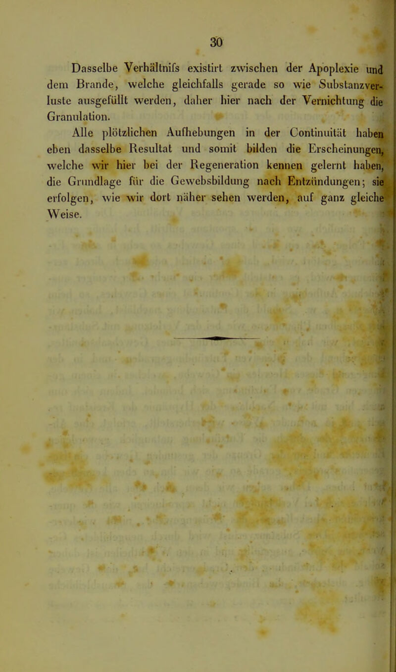 Dasselbe Verhältnifs existirt zwischen der Apoplexie und dem Brande, welche gleichfalls gerade so wie Substanzver- luste ausgefüllt werden, daher hier nach der Vernichtung die Granulation. Alle plötzlichen Aufhebungen in der Continuität haben eben dasselbe Resultat und somit bilden die Erscheinungen* welche wir hier bei der Regeneration kennen gelernt haben, die Grundlage für die Gewebsbildung nach Entzündungen; sie erfolgen, wie wir dort näher sehen werden, auf ganz gleiche Weise.
