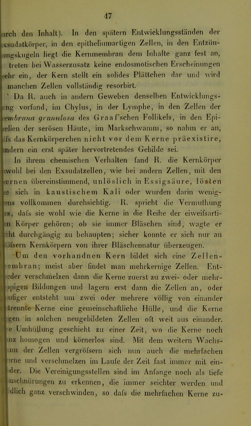 irch den Inhalt). In den spätem Entwicklungsständen der vsudatkörper, in den epithefiutwartigen Zellen, in den Enlzün- tngskugeJn liegt die Kernmembran dem Inhalte ganz fest an, treten bei Wasserzusatz keine endosmotischen Erscheinungen ehr ein, der Kern stellt ein solides Plättchen dar und wird manchen Zellen vollständig resorbirt. 1 Da R. auch in andern Geweben denselben Enlwicklungs- ng vorfand, im Chylus, in der Lymphe, in den Zellen der Membrana grunulosa des Graafschen Follikels, in den Epi- elien der serösen Häute, im Markschwamm, so nahm er an, fs das Kernkörperchen nicht vor dem Kerne präexislire, ndern ein erst später hervortretendes Gebilde sei. In ihrem chemischen Verhalten fand R. die Kernkörper wohl hei den Exsudatzellen, wie bei andern Zellen, mit den ei nen übereinstimmend, unlöslich in Essigsäure, lösten e sich in kaustischem Kali oder wurden darin wenig- es vollkommen durchsichtig. R. spricht die Vermuthung s, dafs sie wohl wie die Kerne in die Reihe der eiweifsarli- n Körper gehören; ob sie immer Bläschen sind, wagte er •hl durchgängig zu behaupten; sicher konnte er sich nur an I ßfeern Kernkörpern von ihrer Bläschennatur überzeugen. Um den vorhandnen Kern bildet sich eine Zellen- I senvbran; meist aber findet man mehrkernige Zellen. Ent- I ;der verschmelzen dann die Kerne zuerst zu zwei- oder mehr- f> >pigen Bildungen und lagern erst dann die Zellen an, oder g ufiger entsieht um zwei oder mehrere völlig von einander trennle Kerne eine gemeinschaftliche Hülle, und die Kerne gen in solchen neugebildeten Zellen oft weit aus einander. D Je Umhüllung geschieht zu einer Zeit, avo die Kerne noch \ inz homogen und körnerlos sind. Mit dem weitern Wachs- 1111 der Zellen vergröfsern sich nun auch die mehrfachen r :rne und verschmelzen im Laufe der Zeit fast immer mit ein- der. Die Vereinigungsstellen sind im Anfange noch als liefe iisdmiirungen zu erkennen, die immer seichter werden und dlich ganz verschwinden, so dafs die mehrfachen Kerne zu-