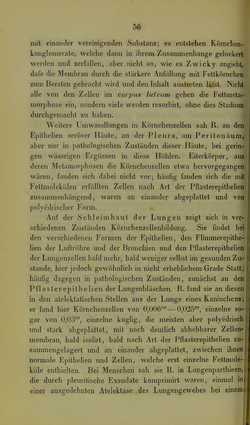 mit einander vereinigenden Substanz; es entstehen Körnchen- konglomerate, welche dann in ihrem Zusammenhange gelockert werden und zerfallen, aber nicht so, wie es Zwicky angiebt, dafs die Membran durch die stärkere Anfüllung mit Fetlkörnchen zum Bersten gebracht wird und den Inhalt austreten läfsl. Nicht alle von den Zellen im corpus luteum, gehen die Fettmeta- morphose ein, sondern viele werden resorbirt, ohne dies Stadium durchgemacht zu haben. Weitere Umwandlungen in Körnchenzellen sah R. an den Epithelien seröser Häute, an der Pleura, am Peritonäum, aber nur in pathologischen Zuständen dieser Häute, bei gerin- gen wässrigen Ergüssen in diese Höhlen. Eiterkörper, aus deren Metamorphosen die Körnchenzellen etwa hervorgegangen wären, fanden sich dabei nicht vor; häufig fanden sich die mit Fellmolekülen erfüllten Zellen nach Art der Pflasterepithelien zusammenhängend, waren an einander abgeplattet und von pol} ('(Irischer Form. Auf der Schleimhaut der Lungen zeigt sich in ver- schiedenen Zuständen Körnchenzellenbildung. Sie findet bei den verschiedenen Formen der Epithelien, den Flimmerepilhe- lien der Luftröhre und der Bronchien und den Pflasterepithelien der LungenzeJlen bald mehr, bald weniger selbst im gesunden Zu- stande, hier jedoch gewöhnlich in nicht erheblichem Grade Statt; häufig dagegen in pathologischen Zuständen, zunächst an den Pflasterepithelien der Lungenbläschen. R. fand sie an diesen in den atelektatischen Stellen aus der Lunge eines Kaninchens; er fand hier Körnchenzellen von 0,006' — 0,025', einzelne so- gar von 0,03', einzelne kuglig, die meisten aber polyedrisch und stark abgeplattet, mit noch deutlich abhebbarer Zellen- membran, bald isolirt, bald nach Art der Pflasterepithelien zu- sammengelagert und an einander abgeplattet, zwischen ihnen j normale Epithelien und Zellen, welche erst einzelne Fettmole- küle enthielten. Bei Menschen sah sie R. in Lungenparthieen,! die durch pleuritische Exsudate komprimirt waren, einmal inI einer ausgedehnten Atelektase des Lungengewebes bei eineml