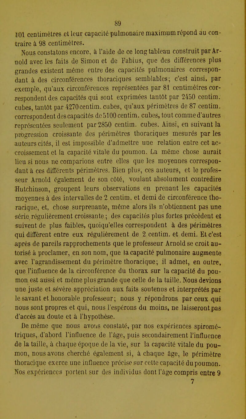 101 ceDlini6tres el leur capacity pulmonaire maximum r6pond au con- traire i 98 centimetres. Nous constatons encore, a I'aide de ce long tableau construit par Ar- nold avec les fails de Simon et de Fabius, que des differences plus grandes existent meme cntre des capaciles pulmonaires correspon- dant i des circonKrences thoraciques semblables; c'est ainsi, par exemple, qu'aux circonf(?.rences representees par 81 centimetres cor- respondent des capacites qui sont exprimtes tantftt par 2450 centim. cubes, tantfit par 4270centim. cubes, qu'aux perimetres de 87 centim. correspondent des capacites de 5100 centim. cubes, tout comme d'autres representees seulement par 2850 centim. cubes. Ainsi, en suivant la progression croissante des perimeires thoraciques mesures par les auteurs cites, il est impossible d'admettre une relation entre cet ac- croissement et la capacite vitale du poumon. La meme chose aurait lieu si nous ne comparions entre elles que les moyennes correspon- dant a ces differents perimeires. Bien plu.«, ces auteurs, et le profes- seur Arnold egalement de son c6ie, voulant absoluraent contredire Hutchinson, groupent leurs observations en prenant les capacites moyennes a des intervalles de 2 centim. et demi de circonference tho- racique, et, chose surprenante, mfime alors ils n'obtiennent pas une ^erie regulierement croissante; des capaciles plus fortes precedent et «uivent de plus faibles, quoiqu'elles correspondent h des perimetres qui different entre eux reguli6rement de 2 centim. et demi. Et c'est apres de pareils rapprochements que le professeur Arnold se croit au- torise a proclamer, en son nom, que la capacite pulmonaire auginente avec Tagrandissement du pedmetre thoracique; il admet, en outre, que I'influence de la circonference du thorax sur la capacity du pou- mon est aiissi et meme plus grande que celle de la taiile. Nous devions une juste et severe appreciation aux fails soutenus et interpretes par le savant et honorable professeur; nous y repondrons par ceux qui nous sont propres et qui, nous I'esperons du moins, ne laisseront pas d'acces au doule et k I'hypothese. De meme que nous avoiis constate, par nos experiences spirome- triques, d'abord I'influence de Yige, puis secondairement I'influence de la taille, a chaque epoque de la vie, sur la capacite vitale du pou- mon, nousavons cherche egalement si, a chaque age, le perimetre thoracique exerce une influence precise sur celle capacite du poumon. Nos experiences portent sur dus individus dont I'age compris entre 9 7