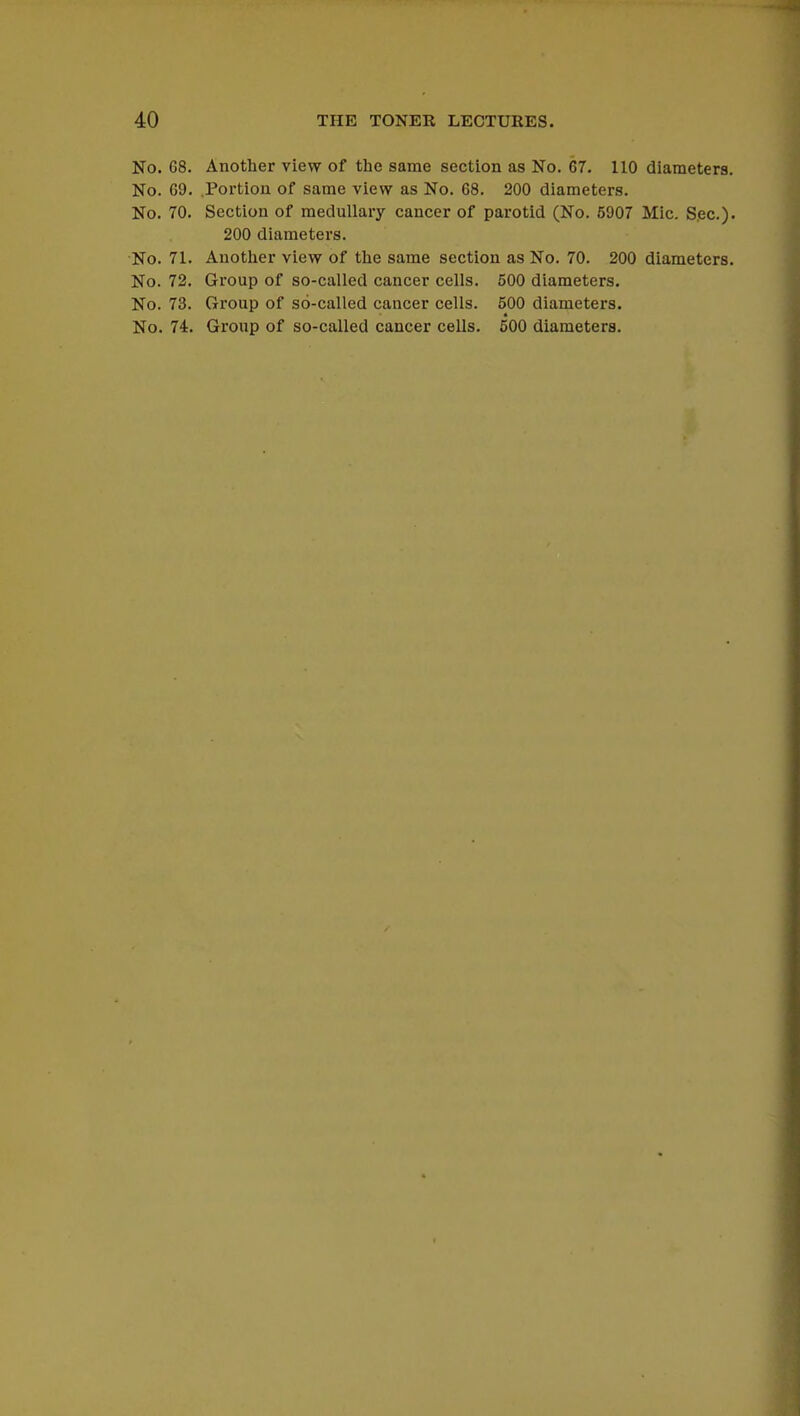 No. 68. Another view of the same section as No. 67. 110 diameters. No. 69. Portion of same view as No. 68. 200 diameters. No. 70. Section of medullary cancer of parotid (No. 5907 Mic. Sec). 200 diameters. No. 71. Another view of the same section as No. 70. 200 diameters. No. 72. Group of so-called cancer cells. 500 diameters. No. 73. Group of so-called cancer cells. 500 diameters. No. 74. Group of so-called cancer cells. 500 diameters.