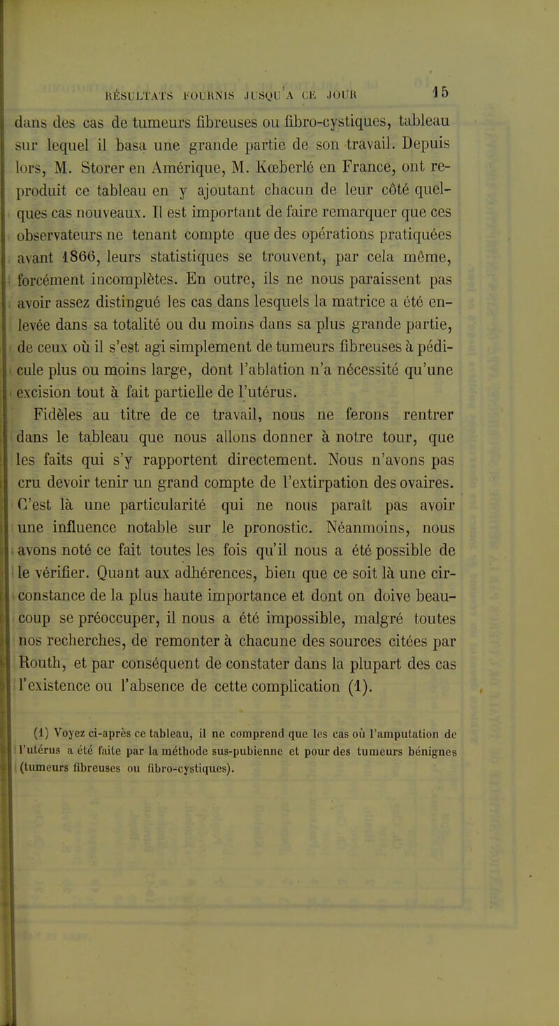 dans dés cas de tumeurs fibreuses ou fibru-eystiques, tableau sur lequel il basa une grande partie de son travail. Depuis lors, M. Storer en Amérique, M. Kœberlé en France, ont re- produit ce tableau en y ajoutant chacun de leur côté quel- ques cas nouveaux. Il est important de faire remarquer que ces observateurs ne tenant compte que des opérations pratiquées avant 186(5, leurs statistiques se trouvent, par cela môme, forcément incomplètes. En outre, ils ne nous paraissent pas avoir assez distingué les cas dans lesquels la matrice a été en- levée dans sa totalité ou du moins dans sa plus grande partie, de ceux où il s'est agi simplement de tumeurs fibreuses à pédi- cule plus ou moins large, dont l'ablation n'a nécessité qu'une excision tout à fait partielle de l'utérus. Fidèles au titre de ce travail, nous ne ferons rentrer dans le tableau que nous allons donner à notre tour, que les faits qui s'y rapportent directement. Nous n'avons pas cru devoir tenir un grand compte de l'extirpation des ovaires. C'est là une particularité qui ne nous paraît pas avoir une influence notable sur le pronostic. Néanmoins, nous avons noté ce fait toutes les fois qu'il nous a été possible de le vérifier. Quant aux adhérences, bien que ce soit là une cir- constance de la plus haute importance et dont on doive beau- coup se préoccuper, il nous a été impossible, malgré toutes nos recherches, de remonter à chacune des sources citées par Routh, et par conséquent de constater dans la plupart des cas L'existence ou l'absence de cette complication (1). (1) Voyez ci-après ce tableau, il ne comprend que les cas où l'amputation de l'utérus a été faite par la méthode sus-pubienne et pour des tumeurs bénignes | (tumeurs fibreuses ou fibro-cystiques).