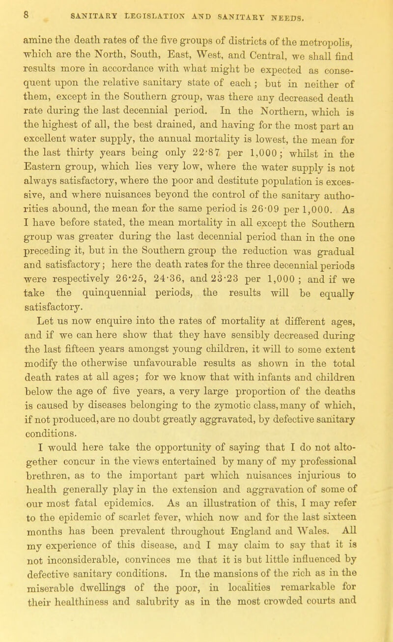 amine the death rates of the five groups of districts of the metropolis, which are the North, South, East, West, and Central, we shall find results more in accordance with what might be expected as conse- quent upon the relative sanitary state of each ; but in neither of them, except in the Southern group, was there any decreased death rate during the last decennial period. In the Northern, which is the highest of all, the best drained, and having for the most part an excellent water supply, the annual mortality is lowest, the mean for the last thirty years being only 22-87 per 1,000; whilst in the Eastern group, which lies very low, where the water supply is not always satisfactory, where the poor and destitute population is exces- sive, and where nuisances beyond the control of the sanitary autho- rities abound, the mean for the same period is 26-09 per 1,000. As I have before stated, the mean mortality in all except the Southern group was greater during the last decennial period than in the one preceding it, but in the Southern group the reduction was gradual and satisfactory; here the death rates for the three decennial jDeriods were respectively 26-25, 24-36, and 23-23 per 1,000; and if we take the quinquennial periods, the results will be equally satisfactory. Let us now enquire into the rates of mortality at difierent ages, and if we can here show that they have sensibly decreased during the last fifteen years amongst young children, it will to some extent modify the otherwise unfavourable results as shown in the total death rates at all ages; for we know that with infants and children below the age of five years, a very large proportion of the deaths is caused by diseases belonging to the zymotic class, many of which, if not produced, are no doubt greatly aggravated, by defective sanitary conditions. I would here take the opportunity of saying that I do not alto- gether concur in the views entertained by many of my professional brethren, as to the important part which nuisances injui-ious to health generally play in the extension and aggravation of some of our most fatal epidemics. As an illustration of this, I may refer to the epidemic of scarlet fever, which now and for the last sixteen months has been prevalent throughout England and Wales. All my experience of this disease, and I may claim to say that it is not inconsiderable, convinces me that it is but little influenced by defective sanitary conditions. In the mansions of the rich as in the miserable dwellings of the poor, in localities remarkable for their healthiness and salubrity as in the most crowded courts and