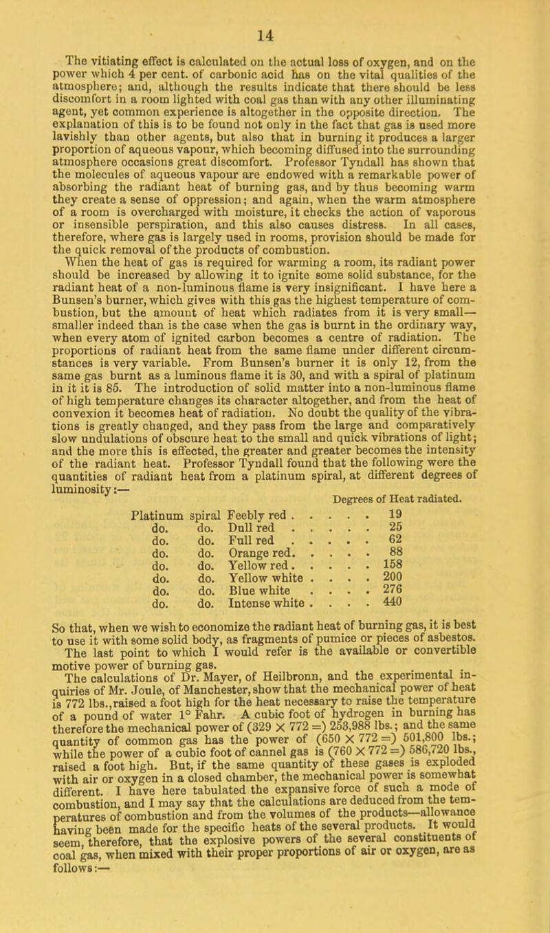 The vitiating effect is calculated on the actual loss of oxygen, and on the power which 4 per cent, of carbonic acid has on the vital qualities of the atmosphere; and, although the results indicate that there should be less discomfort in a room lighted with coal gas than with any other illuminating agent, yet common experience is altogether in the opposite direction. The explanation of this is to be found not only in the fact that gas is used more lavishly than other agents, but also that in burning it produces a larger proportion of aqueous vapour, which becoming diffused into the surrounding atmosphere occasions great discomfort. Professor Tyndall has shown that the molecules of aqueous vapour are endowed with a remarkable power of absorbing the radiant heat of burning gas, and by thus becoming warm they create a sense of oppression; and again, when the warm atmosphere of a room is overcharged with moisture, it checks the action of vaporous or insensible perspiration, and this also causes distress. In all cases, therefore, where gas is largely used in rooms, provision should be made for the quick removal of the products of combustion. When the heat of gas is required for warming a room, its radiant power should be increased by allowing it to ignite some solid substance, for the radiant heat of a non-luminous flame is very insignificant. I have here a Bunsen's burner, which gives with this gas the highest temperature of com- bustion, but the amount of heat which radiates from it is very small— smaller indeed than is the case when the gas is burnt in the ordinary way, when every atom of ignited carbon becomes a centre of radiation. The proportions of radiant heat from the same flame under different circum- stances is very variable. From Bunsen's burner it is only 12, from the same gas burnt as a luminous flame it is 30, and with a spiral of platinum in it it is 85. The introduction of solid matter into a non-luminous flame of high temperature changes its character altogether, and from the heat of convexion it becomes heat of radiation. No doubt the quality of the vibra- tions is greatly changed, and they pass from the large and comparati vely slow undulations of obscure heat to the small and quick vibrations of light; and the more this is effected, the greater and greater becomes the intensity of the radiant heat. Professor Tyndall found that the following were the quantities of radiant heat from a platinum spiral, at different degrees of luminosity:— Degrees of Heat radiated. Platinum spiral Feebly red 19 do. do. Dull red 25 do. do. Full red 62 do. do. Orange red 88 do. do. Yellow red 158 do. do. Yellow white .... 200 do. do. Blue white .... 276 do. do. Intense white .... 440 So that, when we wish to economize the radiant heat of burning gas, it is best to use it with some solid body, as fragments of pumice or pieces of asbestos. The last point to which I would refer is the available or convertible motive power of burning gas. The calculations of Dr. Mayer, of Heilbronn, and the experimental in- quiries of Mr. Joule, of Manchester, show that the mechanical power of heat is 772 lbs.,raised a foot high for the heat necessary to raise the temperature of a pound of water 1° Fahr. A cubic foot of hydrogen in burning has therefore the mechanical power of (329 X 772 =) 253,988 lbs.; and the same quantity of common gas has the power of (650 X 772=) 501,800 lbs.; while the power of a cubic foot of cannel gas is (760 X 772 =) 586,720 lbs., raised a foot high. But, if the same quantity of these gases is exploded with air or oxygen in a closed chamber, the mechanical power is somewhat different. I have here tabulated the expansive force of such a mode of combustion, and I may say that the calculations are deduced from the tem- peratures of combustion and from the volumes of the products—allowance having been made for the specific heats of the several products. It would seem, therefore, that the explosive powers of the several constituents of coal gas, when mixed with their proper proportions of air or oxygen, are as follows:—