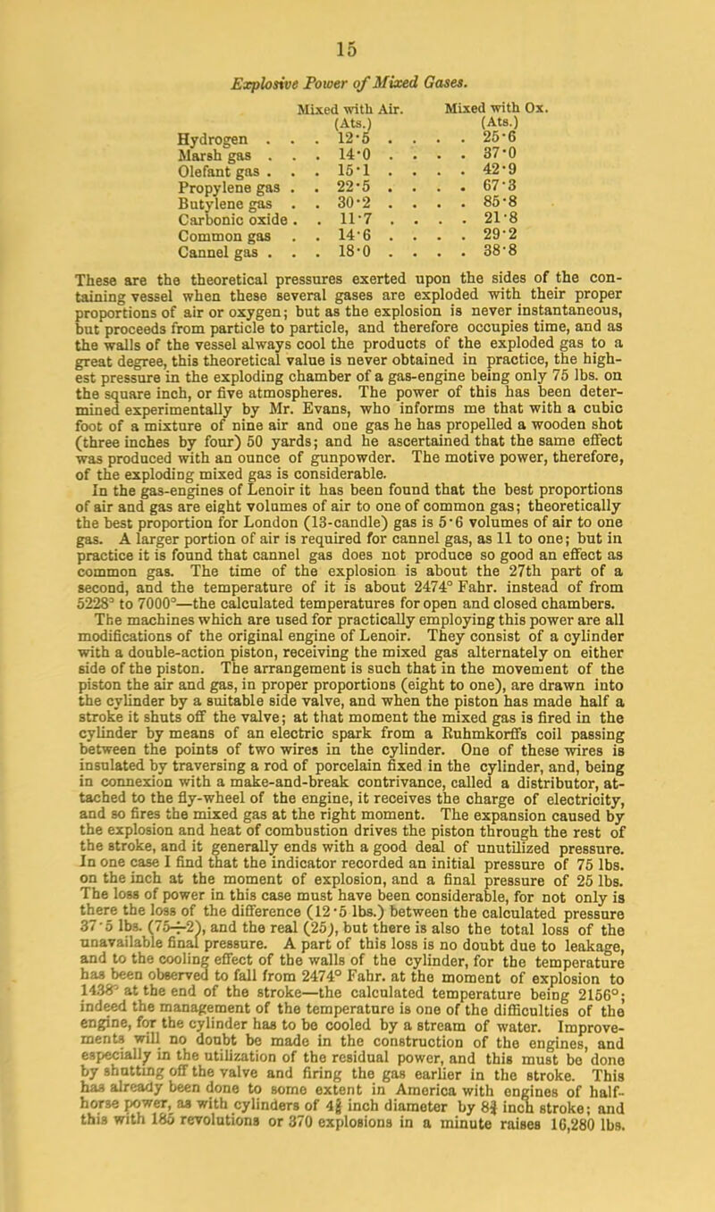 Explosive Power of Mixed Gases. Hydrogen . Marsh gas . Olefant gas . Propylene gas Butylene gas Carbonic oxide Common gas Cancel gas . Mixed with Air. Mixed with Ox. (Ats.) (Ats.) 12-5 14- 0 15- 1 22-5 30-2 11-7 14-6 18-0 25-6 37- 0 42-9 67-3 85-8 218 29-2 38- 8 These are the theoretical pressures exerted upon the sides of the con- taining vessel when these several gases are exploded with their proper proportions of air or oxygen; but as the explosion is never instantaneous, but proceeds from particle to particle, and therefore occupies time, and as the walls of the vessel always cool the products of the exploded gas to a great degree, this theoretical value is never obtained in practice, the high- est pressure in the exploding chamber of a gas-engine being only 75 lbs. on the square inch, or five atmospheres. The power of this has been deter- mined experimentally by Mr. Evans, who informs me that with a cubic foot of a mixture of nine air and one gas he has propelled a wooden shot (three inches by four) 50 yards; and he ascertained that the same effect was produced with an ounce of gunpowder. The motive power, therefore, of the exploding mixed gas is considerable. In the gas-engines of Lenoir it has been found that the best proportions of air and gas are eight volumes of air to one of common gas; theoretically the best proportion for London (13-candle) gas is 5-6 volumes of air to one gas. A larger portion of air is required for cannel gas, as 11 to one; but in practice it is found that cannel gas does not produce so good an effect as common gas. The time of the explosion is about the 27th part of a second, and the temperature of it is about 2474° Fahr. instead of from 52283 to 7000°—the calculated temperatures for open and closed chambers. The machines which are used for practically employing this power are all modifications of the original engine of Lenoir. They consist of a cylinder with a double-action piston, receiving the mixed gas alternately on either side of the piston. The arrangement is such that in the movement of the piston the air and gas, in proper proportions (eight to one), are drawn into the cylinder by a suitable side valve, and when the piston has made half a stroke it shuts off the valve; at that moment the mixed gas is fired in the cylinder by means of an electric spark from a Euhmkorffs coil passing between the points of two wires in the cylinder. One of these wires is insulated by traversing a rod of porcelain fixed in the cylinder, and, being in connexion with a make-and-break contrivance, called a distributor, at- tached to the fly-wheel of the engine, it receives the charge of electricity, and so fires the mixed gas at the right moment. The expansion caused by the explosion and heat of combustion drives the piston through the rest of the stroke, and it generally ends with a good deal of unutilized pressure. In one case I find that the indicator recorded an initial pressure of 75 lbs. on the inch at the moment of explosion, and a final pressure of 25 lbs. The loss of power in this case must have been considerable, for not only is there the loss of the difference (12-5 lbs.) between the calculated pressure 37 • 5 lbs. (75-r2\ and the real (25), but there is also the total loss of the unavailable final pressure. A part of this loss is no doubt due to leakage, and to the cooling effect of the walls of the cylinder, for the temperature has been observed to fall from 2474° Fahr. at the moment of explosion to 1438'at the end of the stroke—the calculated temperature being 2156°; indeed the management of the temperature is one of the difficulties of the engine, for the cylinder has to be cooled by a stream of water. Improve- ments will no doubt be made in the construction of the engines, and especially in the utilization of the residual power, and this must bo done by shotting off the valve and firing the gas earlier in the stroke. This has already been done to some extent in America with engines of half- horse power^aa with cylinders of 4jj inch diameter by 8J inch stroke; and this with 185 revolutions or 370 explosions in a minute raises 16,280 lbs.