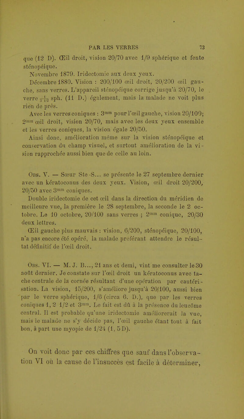 que (12 D). Œil droit, vision 20/70 avec 1/9 sphérique et fente sténopéique. Novembre 1879. Iridectomie aux deux yeux. Décembre 1880. Vision : 200/100 œil droit, 20/200 œil gau- che, sans verres. L'appareil sténopéique corrige jusqu'à 20/70, le verre g4îô sph. (11 D.) également, mais la malade ne voit plus rien de près. Avec les verres coniques : 3mm pour l'œil gauche, vision 20/100; 9mm œil droit, vision 20/70, mais avec les deux yeux ensemble et les verres coniques, la vision égale 20/50. Ainsi donc, amélioration même sur la vision sténopéique et conservation du champ visuel, et surtout amélioration de la vi- sion rapprochée aussi bien que de celle au loin. Obs. V. — Sœur Ste-S... se présente le 27 septembre dernier avec un kératoconus des deux yeux. Vision, œil droit 20/200, 20/50 avec 3mra coniques. Double iridectomie de cet œil dans la direction du méridien de meilleure vue, la première le 28 septembre, la seconde le 2 oc- tobre. Le 10 octobre, 20/100 sans verres ; 2mm conique, 20/30 deux lettres. Œil gauche plus mauvais : vision, 6/200, sténopéique, 20/100, n'a pas encore été opéré, la malade proférant attendre le résul- tat définitif de l'œil droit. Obs. VI. — M. J. B..., 21 ans et demi, vint me consulter le 30 août dernier. Je constate sur l'œil droit un kératoconus avec ta- che centrale de la cornée résultant d'une opération par cautéri- sation. La vision, 15/200, s'améliore jusqu'à 20/100, aussi bien par le verre sphérique, 1/6 (circa 6. D.), que par les verres coniques 1, 2 1/2 et 3mm. Le fait est dû à la présence du leucôme central. Il est probable qu'une iridectomie améliorerait la vue, mais le malade ne s'y décide pas, l'œil gauche étant tout à fait bon, à part une myopie de 1/24 (1, 5D). On voit donc par ces chiffres que sauf dans l'observa- tion VI où la cause de l'insuccès est facile à déterminer,
