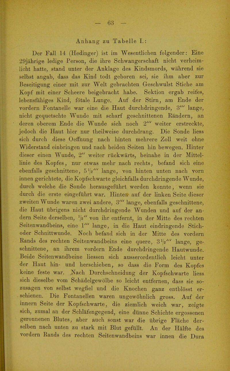 Anhang zu Tabelle I.: Der Fall 14 (Hedinger) ist im Wesentlichen folgender: Eine 29jährige ledige Person, die ihre Schwangerschaft nicht verheim- licht hatte, stand unter der Anklage des Kindsmords, während sie selbst angab, dass das Kind todt geboren sei, sie ihm aber zur Beseitigung einer mit zur Welt gebrachten Geschwulst Stiche am Kopf mit einer Scheere beigebracht habe. Sektion ergab reifes, lebensfähiges Kind, fötale Lunge. Auf der Stirn, am Ende der vordem Fontanelle war eine die Haut durchdringende, 3' lange, nicht gequetschte Wunde mit scharf geschnittenen Rändern, an deren oberem Ende die Wunde sich noch 1' weiter erstreckte, jedoch die Haut hier nur theilweise durchdrang. Die Sonde Hess sich durch diese Oeffnung nach hinten mehrere Zoll weit ohne Widerstand einbringen und nach beiden Seiten hin bewegen. Hinter dieser einen Wunde, 2'' weiter rückwärts, beinahe in der Mittel- linie des Kopfes, nur etwas mehr nach rechts, befand sich eine ebenfalls geschnittene, ^'^['i' lange, von hinten unten nach vorn innen gerichtete, die Kopfschwarte gleichfalls durchdringende Wunde, durch welche die Sonde herausgeführt werden konnte, wenn sie durch die erste eingeführt war. Hintetr auf der linken Seite dieser zweiten Wunde waren zwei andere, Z' lange, ebenfalls geschnittene, die Haut übrigens nicht durchdringende Wunden und auf der an- dern Seite derselben, ^i von ihr entfernt, in der Mitte des rechten Seitenwandbeins, eine V lange, in die Haut eindringende Stich- oder Schnittwunde. Noch befand sich in der Mitte des vordem Rands des rechten Seitenwandbeins eine quere, 3^/2' lange, ge- schnittene, an ihrem vordem Ende durchdringende Hautwunde. Beide Seitenwandbeine Hessen sich ausserordentHch leicht unter der Haut hin- und herschieben, so dass die Form des Kopfes keine feste war. Nach Durchschneidung der Kopfschwarte Hess sich dieselbe vom Schädelgewölbe so leicht entfernen, dass sie so- zusagen von selbst wegfiel und die Knochen ganz entblösst er- schienen. Die Fontanellen waren ungewöhnlich gross. Auf der innern Seite der Kopfschwarte, die ziemlich weich war, zeigte sich, zumal an der Schläfengegend, eine dünne Schichte ergossenen geronnenen Blutes, aber auch sonst war die übrige Fläche der- selben nach unten zu stark mit Blut gefüllt. An der Hälfte des vordem Rands des rechten Seitenwandbeins war innen die Dura