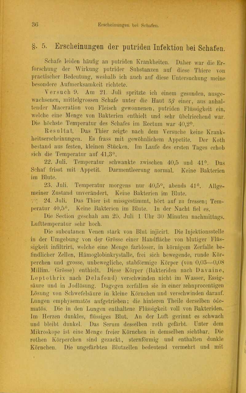 §. 5. Ersclieinungen der putriden Infektion bei Schafen. Schafo leiden häufig an putriden Kranklieitcn. Dalier war die Er- forachung der Wirkung putrider Substanzen auf diese Thiere von practischor Bedeutung, weslialb ich auch auf diese Untersuchung meine besondere Aufmerksamkeit richtete. Versuch 9. Am 21. Juli spritzte ich einem gesunden, au.sge- wachsenen, mittelgrossen Schafe unter die Haut 5^ einer, aus anhal- tender Maeeration von Fleisch gewonnenen, putriden Flüssigkeit ein, welche eine Menge von Bakterien enthielt und sehr übelriechend war. Die höchste Temperatur des Schafes im Rectum war 40,2''. Resultat. Das Thier zeigte nach dem Versuche keine Krank- heitserscheinungen. Es frass mit gewöhnlichem Appetite. Der Koth bestand aus festen, kleinen Stücken. Im Laufe des ersten Tages erhob sich die Temperatur auf 41,3°. 22. Juli. Temperatur schwankte zwischen 40,5 und 41^. Das Schaf frisst mit Appetit. Darmentleerung normal. Keine Bakterien im Blute. 23. Juli. Temperatur morgens nur 40,5°, abends 41°. Allge- meiner Zustand unverändert. Keine Bakterien im Blute, 24. Juli. Das Thier ist missgestimmt, hört auf zu fressen; Tem- peratur 40,5°. Keine Bakterien im Blute. In der Nacht fiel es. Die Section geschah am 25. Juli 1 ühr Minuten nachmittags, Lufttemperatur sehr hoch. Die subcutanen Venen stark von Blut injicirt. Die lujektionsstelle in der Umgebung von der Grösse einer Handfläche von blutiger Flüs- sigkeit infiltrirt, welche eine Menge farbloser, in körnigem Zerfalle be- findlicher Zellen, Hämoglobiukrystalle, frei sich bewegende, runde Kör- perchen und grosse, unbewegliche, stabförmige Körper (von 0,03—0,08 Millim. Grösse) enthielt. Diese Körper (Bakteridon nach Davaine, Leptothrix nach Delafond) verschwinden nicht im Wasser, Essig- säure und in Jodlösung. Dagegen zerfallen sie in einer zehuprocentigen Lösung von Schwefelsäure in kleine Körnchen und verschwinden darauf. Lungen emphysematös aufgetrieben; die hinteren Theile derselben öde- matös. Die in den Lungen enthaltene Flüssigkeit voll von Bakteriden, Im Herzen dunkles, flüssiges Blut, An der Luft gerinnt es schwach und bleibt dunkel. Das Serum desselben roth gefiii-bt. Unter dem Mikroskope ist eine Menge freier Körnchen in demselben sichtbar. Die rothen Körperchen sind gezackt, sternförmig und enthalten dunkle Körnchen. Die ungefärbten Blutzelleu bedeutend vermehrt und mit