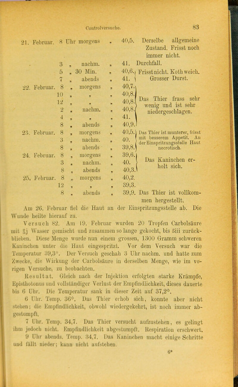 ^1. Februar. 8 Uhi morgens n 40,5. - 3 1) nachm. n 41. I o »1 30 Min. B 40,6.1 7 Tt abends B 41. i 22. Februar. 8 It moi'gens B 40,7.» 10 B B B 40,8. 12 n B 40,8.1 2 « nachm. B 40,8.( 4 n » 41. \ 8 abends B 40,9.1 23. Februar. 8 morgens B 40,5.) 3 nachm. B 40. 8 n abends B 39,8.) 24. Februar. 8 7! morgens B 39,6. j 3 H nachm. B 40. 8 abends B 40,3.1 25. Februar. 8 morgens B 40,2. 12 B 39,3. 8 abends B 39,9. Derselbe allgemeine Zustand. Frisst noch immer nicht. Durchfall. Frisst nicht. Koth weich. Grosser Durst. Das Thier frass sehr wenig und ist sehr niedergeschlagen. Das Thier ist munterer, frisst mit besserem Appetit. Au der Einspritzungsstelle Haut necrotisch. Das Kaninchen er- holt sich. Das Thier ist vollkom- men hergestellt, der Einspritzungsstelle ab. Die Am 26. Februar fiel die Haut an Wunde heüte hierauf zu. Versuch 82. Am 19. Februar wm-den 20 Tropfen Carbolsäure mit ij Wasser gemischt und zusammen so lange gekocht, bis 3iii zurück- blieben. Diese Menge wurde nun einem grossen, 1300 Gramm schweren Kaninchen unter die Haut eingespritzt. Vor dem Versuch war die Temperatur 39,3. Der Versuch geschah 3 Uhr nachm. und hatte zum Zwecke, die Wirkung der Carbolsäure in derselben Menge, wie im vo- rigen Versuche, zu beobachten. Resultat. Gleich nach der Injektion erfolgten starke Krämpfe, Episthotonus und vollständiger Verlust der Empfindlichkeit, dieses dauerte bis 6 Uhr. Die Temperatur sank in dieser Zeit auf 37,2°. 6 Uln-. Temp. 36*^. Das Thier erhob sich, konnte aber nicht stehen; die Empfindlichkeit, obwohl wiedergekehrt, ist noch immer ab- gestumpft. 7 Uhr, Temp. 34,7. Das Thier versucht aufzustehen, es gelingt ihm jedocli nicht. Empfindlichkeit abgestumiift. Hospiration erschwert. 9 Uhr abends. Tomp. ;54,7. Das Kaninchen macht einige Sehritte und fällt nieder; kann nicht aufstehen. 6*