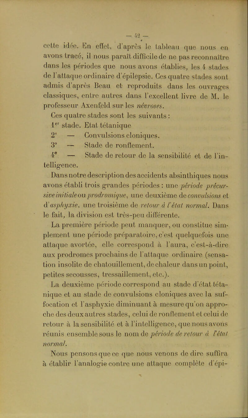 cette idée. ICn effet, d'après le tableau que nous en avons tracé, il nous paraît difficile de ne pas reconnaître dans les périodes que nous avons établies, les 4 stades de l'attaque ordinaire d'épilepsie. Ces quatre stades sont admis d'après Beau et- reproduits dans les ouvrag-es classiques, entre autres dans l'excellent livre de M. le professeur Axenfeld sur les névroses. Ces quatre stades sont les suivants : 1*' stade. Etat tétanique 2 — Convulsions cloniques. 3° — Stade de ronflement. 4® — Stade de retour de la sensibilité et de l'in- tellig'ence. Dans notre description des accidents absinthiques nous avons établi trois g-randes périodes : une période précur- sive initiale ou prodromique^ une deuxième àe, convulsions et à!asphyxie, une troisième de retour à l'état normal. Dans le fait, la division est très-peu différente. La première période peut manquer, ou constitue sim- plement une période préparatoire, c'est quelquefois une attaque avortée, elle correspond à l'aura, c'est-à-dire aux prodromes prochains de l'attaque ordinaire (sensa- tion insolite de chatouillement, de chaleur dansun point, petites secousses, tressaillement, etc.). La deuxième période correspond au stade d'état téta- nique et au stade de convulsions cloniques avec la suf- focation et l'asphyxie diminuant à mesure qu'on appro- che des deux autres stades, celui de ronflement et celui de retour à la sensibiHté et à l'intellig'ence, que nous avons réunis ensemble sous le nom de période de retour à F étal normal. Nous pensons que ce que nous venons de dire suffira à établir l'analog-ie contre une attaque complète d'épi-