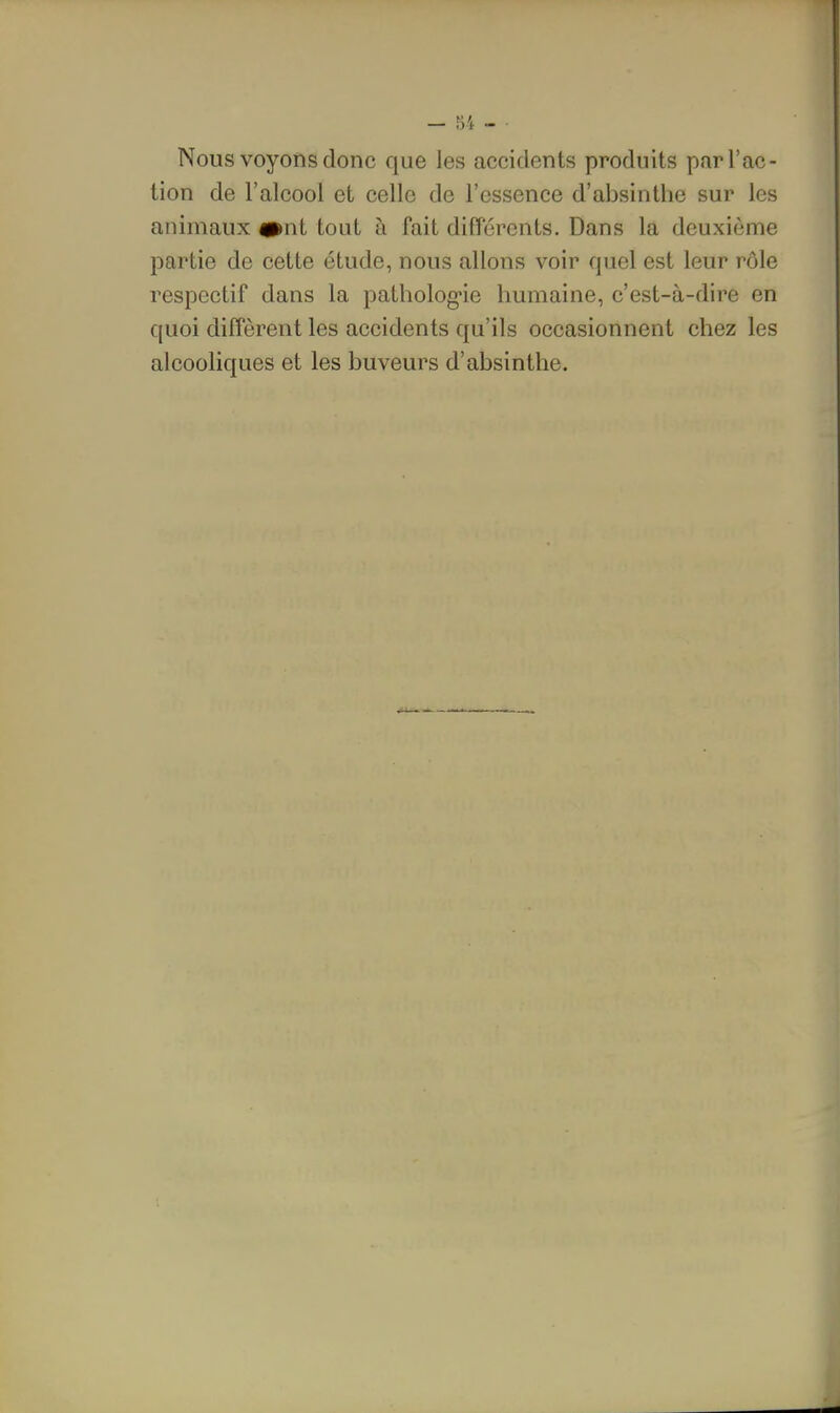 Nous voyons donc que les accidents produits par l'ac- tion de l'alcool et celle de l'essence d'absinthe sur les animaux ipnt tout à fait différents. Dans la deuxième partie de cette étude, nous allons voir quel est leur rôle respectif dans la patholog-ie humaine, c'est-à-dire en quoi diffèrent les accidents qu'ils occasionnent chez les alcooliques et les buveurs d'absinthe.