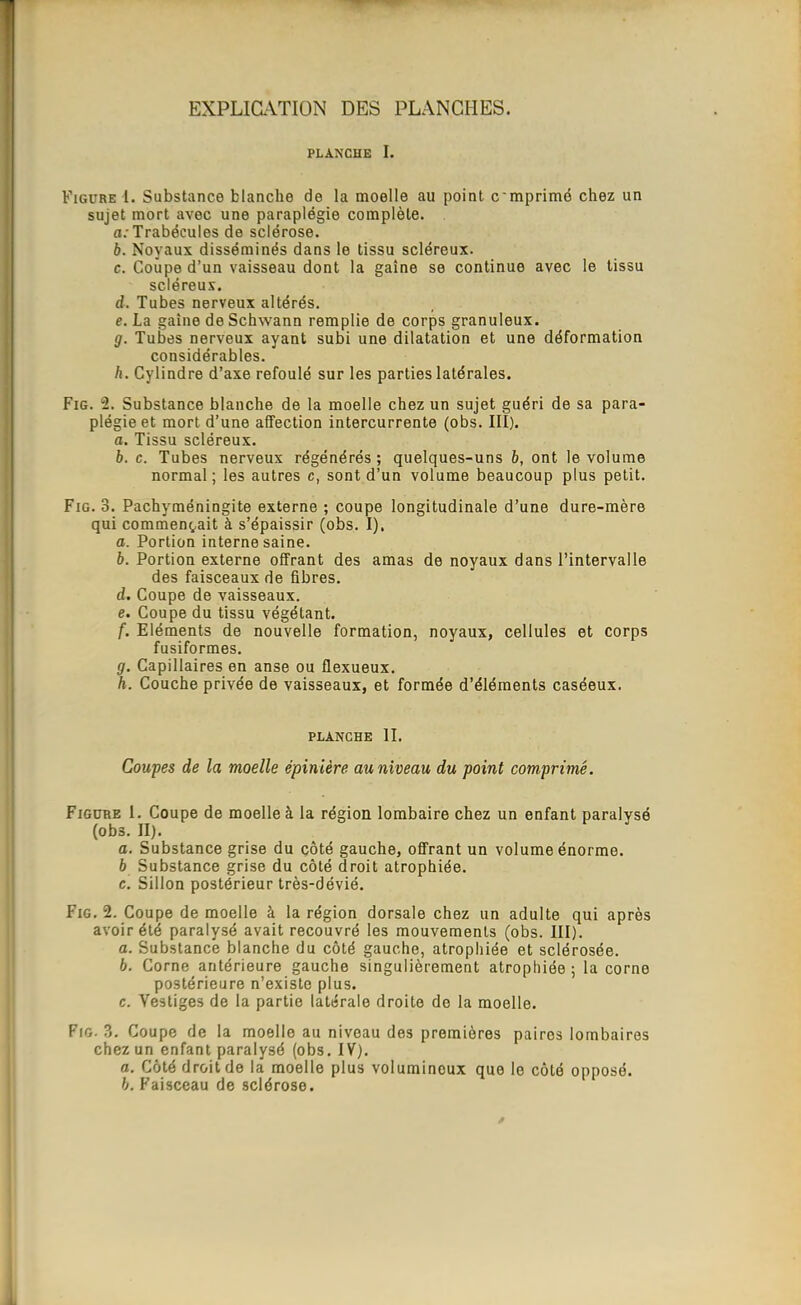 EXPLICATION DES PLANCHES. PLANCHE I. Figure i. Substance blanche de la moelle au point cmprimé chez un sujet mort avec une paraplégie complète. a.-Trabécules de sclérose. 6. Noyaux disséminés dans le tissu scléreux. c. Coupe d'un vaisseau dont la gaîne se continue avec le tissu scléreux. d. Tubes nerveux altérés. e. La gaîne de Schwann remplie de corps granuleux. g. Tubes nerveux ayant subi une dilatation et une déformation considérables. h. Cylindre d'axe refoulé sur les parties latérales. Fig. 2. Substance blanche de la moelle chez un sujet guéri de sa para- plégie et mort d'une affection intercurrente (obs. III). a. Tissu scléreux. b. c. Tubes nerveux régénérés; quelques-uns 6, ont le volume normal; les autres c, sont d'un volume beaucoup plus petit. Fig. 3. Pachyméningite externe ; coupe longitudinale d'une dure-mère qui commençait à s'épaissir (obs. I). a. Portion interne saine. 6. Portion externe offrant des amas de noyaux dans l'intervalle des faisceaux de fibres. d. Coupe de vaisseaux. e. Coupe du tissu végétant. f. Eléments de nouvelle formation, noyaux, cellules et corps fusiformes. g. Capillaires en anse ou flexueux. h. Couche privée de vaisseaux, et formée d'éléments caséeux. PLANCHE II. Coupes de la moelle épinière au niveau du point comprimé. Figure 1. Coupe de moelle à la région lombaire chez un enfant paralysé (obs. II). a. Substance grise du côté gauche, offrant un volume énorme. b Substance grise du côté droit atrophiée. c. Sillon postérieur très-dévié. Fig. 2. Coupe de moelle à la région dorsale chez un adulte qui après avoir été paralysé avait recouvré les mouvements (obs. III). a. Substance blanche du côté gauche, atrophiée et sclérosée. b. Corne antérieure gauche singulièrement atrophiée; la corne postérieure n'existe plus. c. Vestiges de la partie latérale droite de la moelle. Fig. 3. Coupe de la moelle au niveau des premières pairos lombaires chez un enfant paralysé (obs. IV). a. Côté droit de la moelle plus volumineux que le côté opposé. b. Faisceau de sclérose.